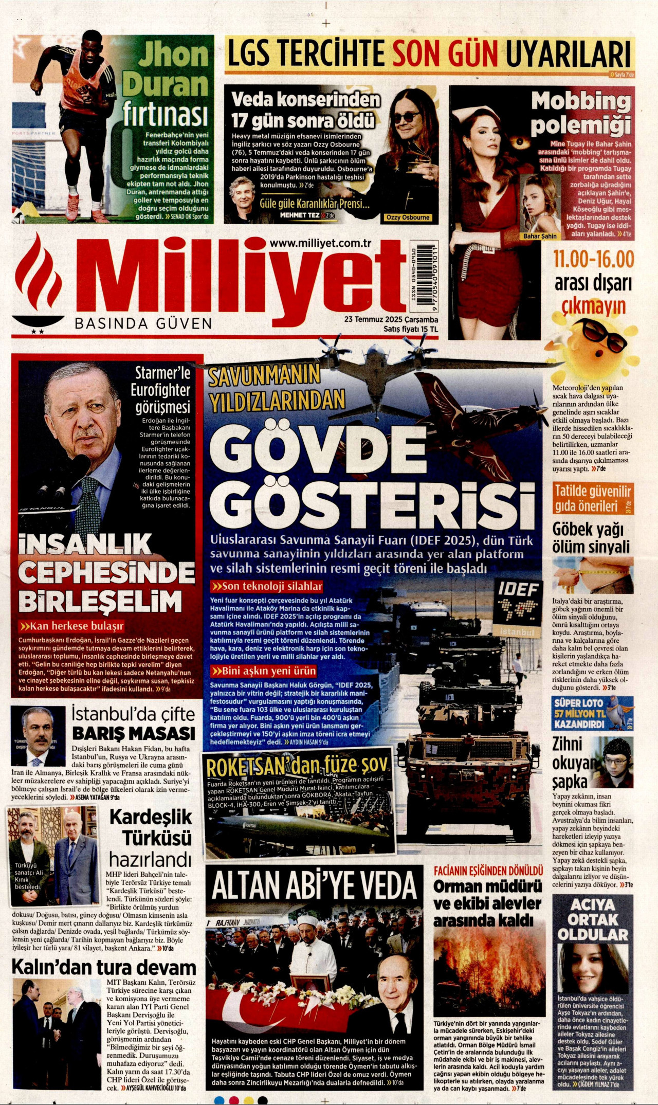MİLLİYET gazetesinin 23 Temmuz 2025 tarihli birinci sayfası