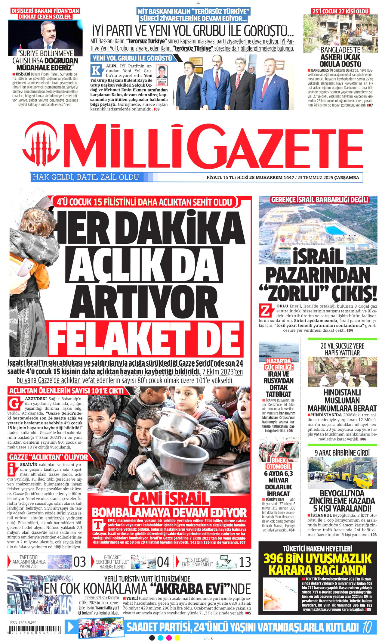 MİLLİ GAZETE gazetesinin 23 Temmuz 2025 tarihli birinci sayfası