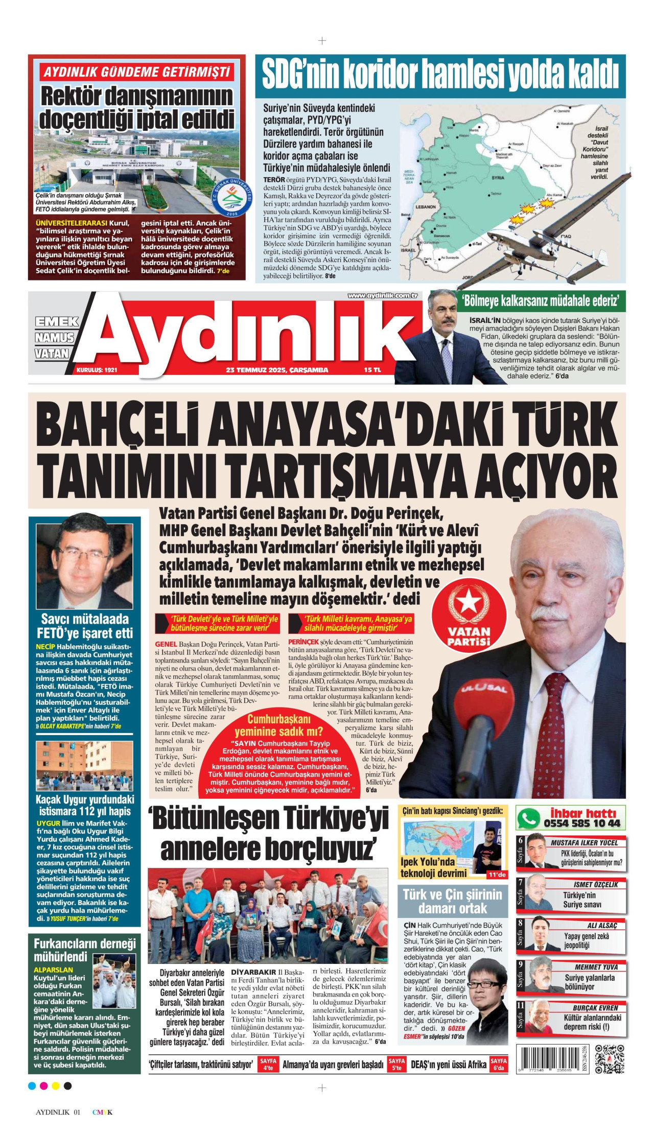 AYDINLIK GAZETESİ gazetesinin 23 Temmuz 2025 tarihli birinci sayfası