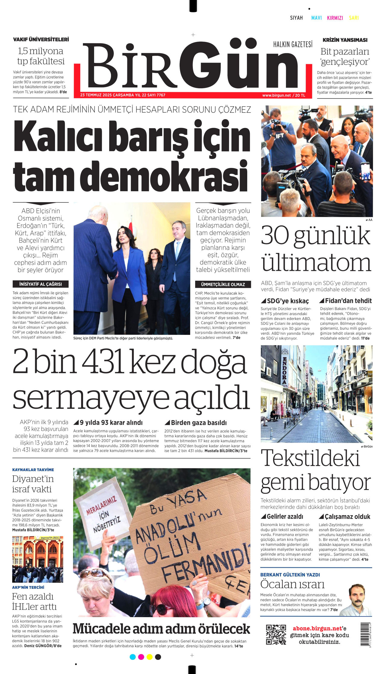 BİRGÜN gazetesinin 23 Temmuz 2025 tarihli birinci sayfası