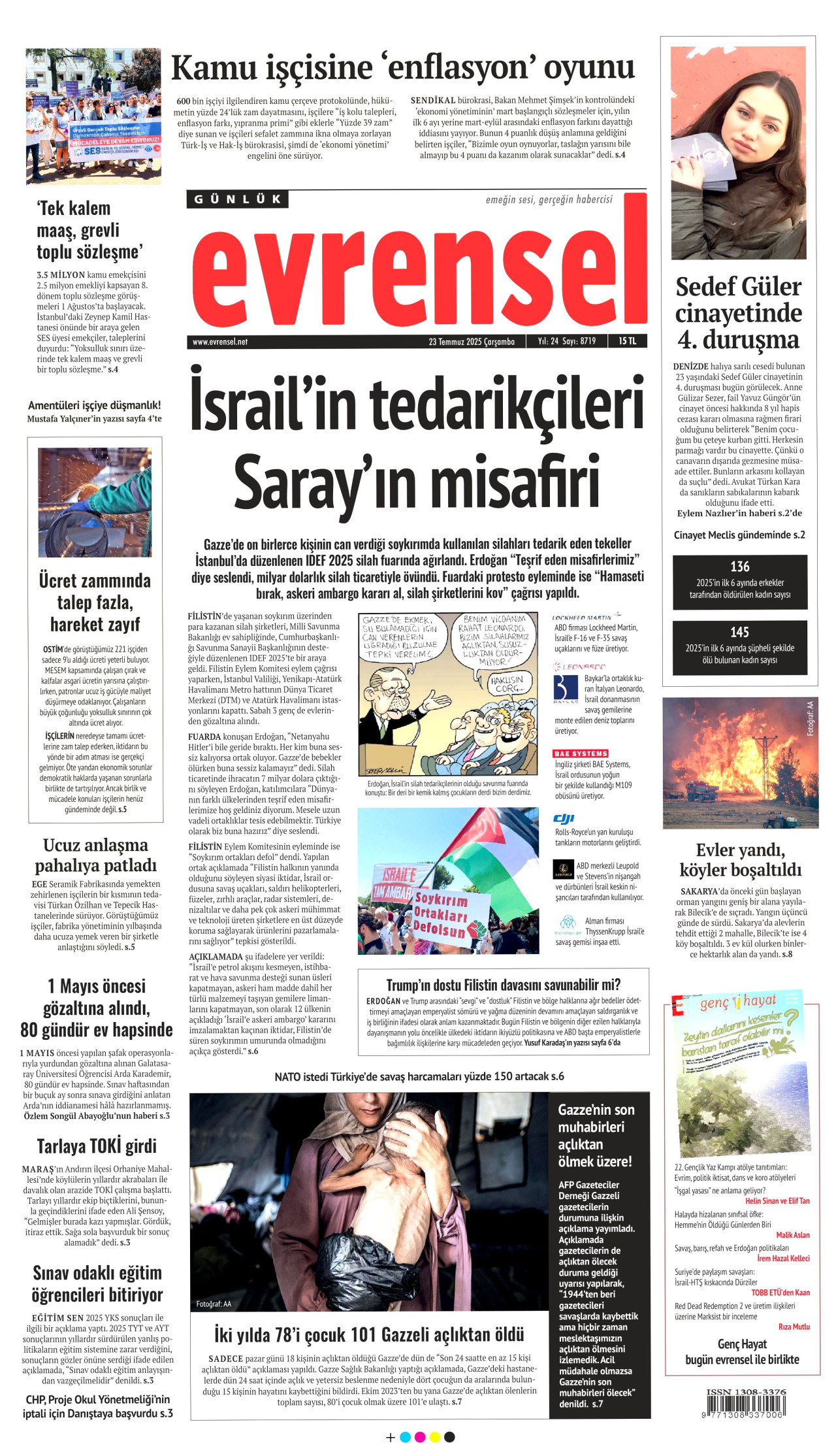 EVRENSEL gazetesinin 23 Temmuz 2025 tarihli birinci sayfası