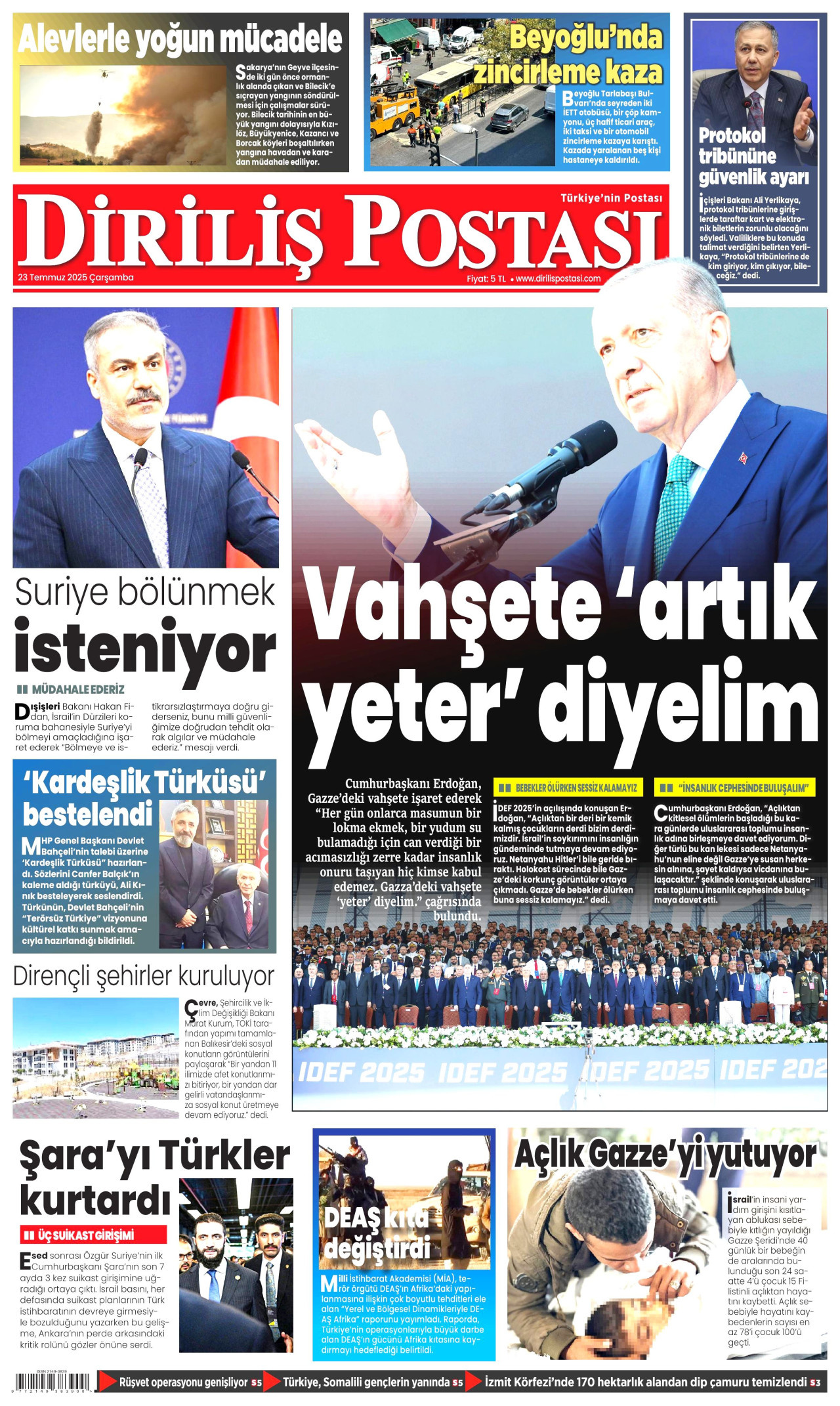 DİRİLİŞ POSTASI gazetesinin 23 Temmuz 2025 tarihli birinci sayfası