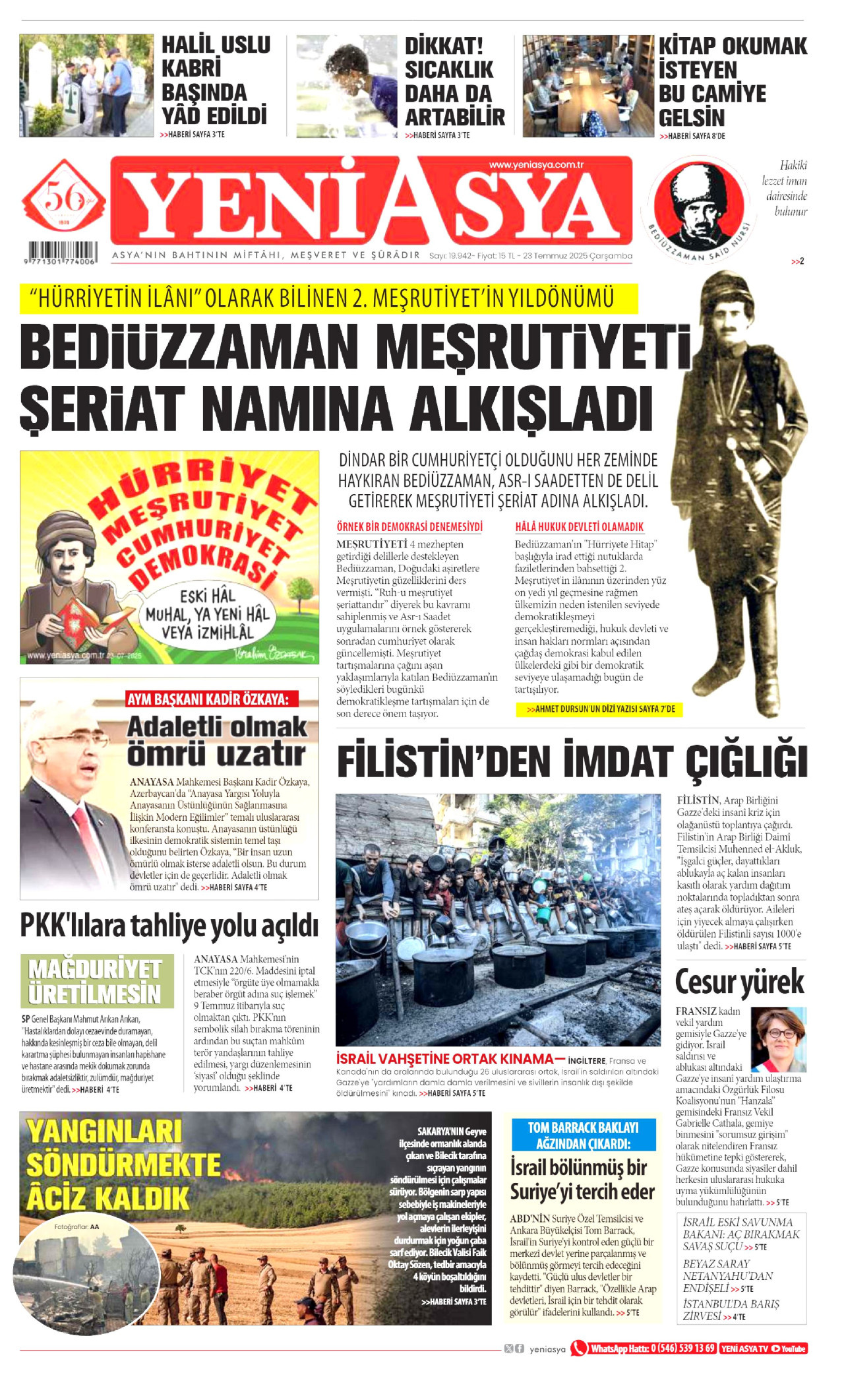 YENİ ASYA gazetesinin 23 Temmuz 2025 tarihli birinci sayfası