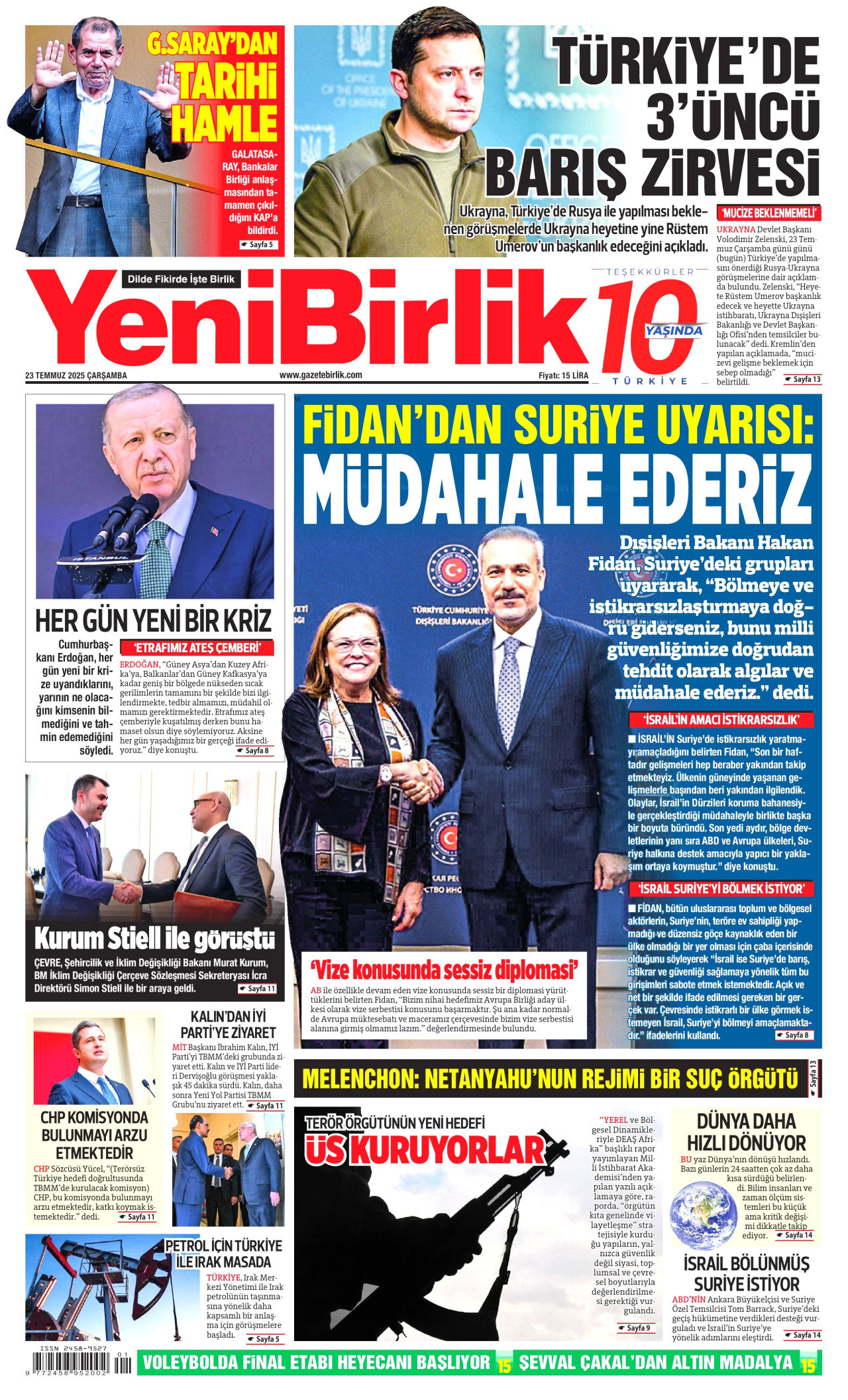 YENİBİRLİK gazetesinin 23 Temmuz 2025 tarihli birinci sayfası