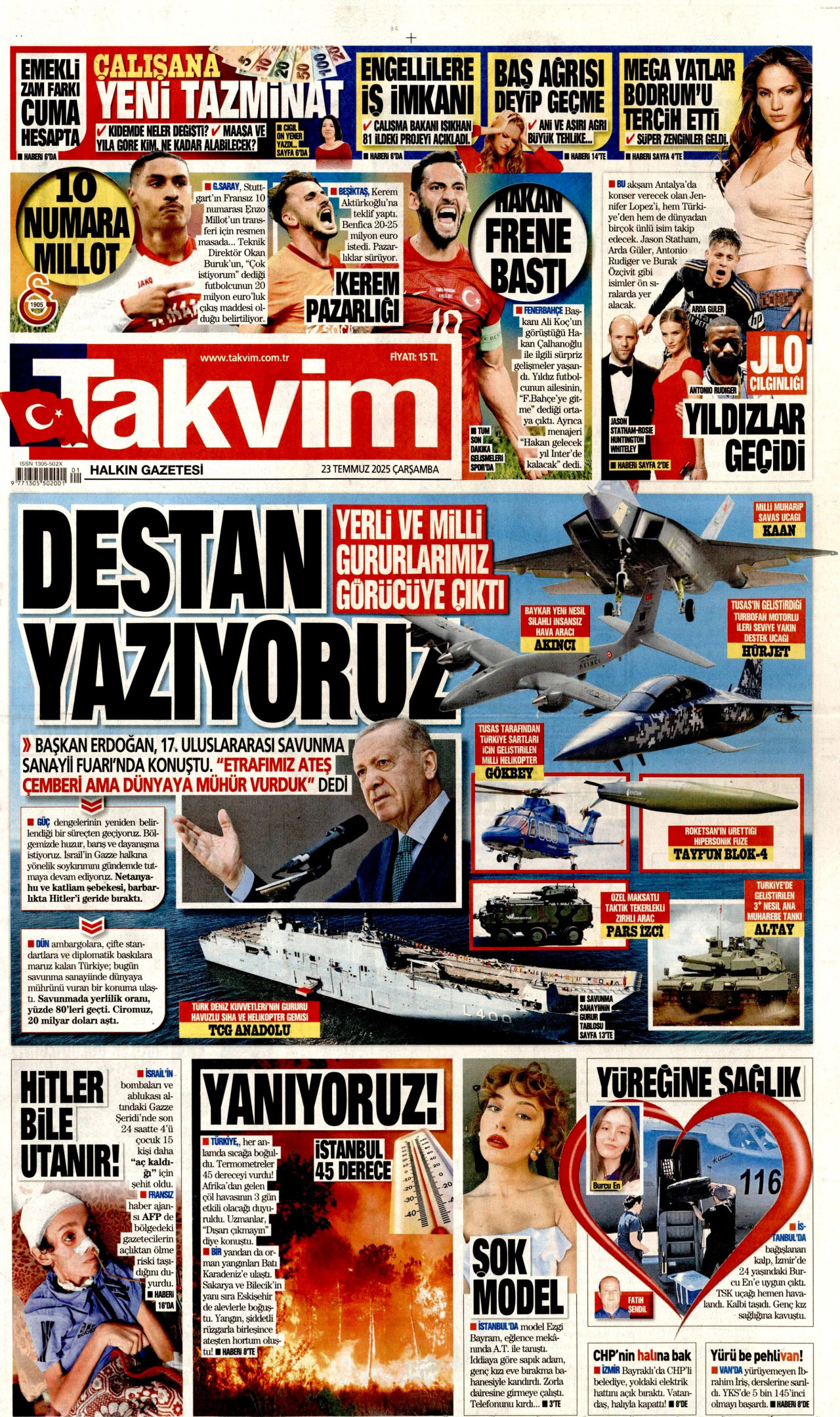 TAKVİM gazetesinin 23 Temmuz 2025 tarihli birinci sayfası