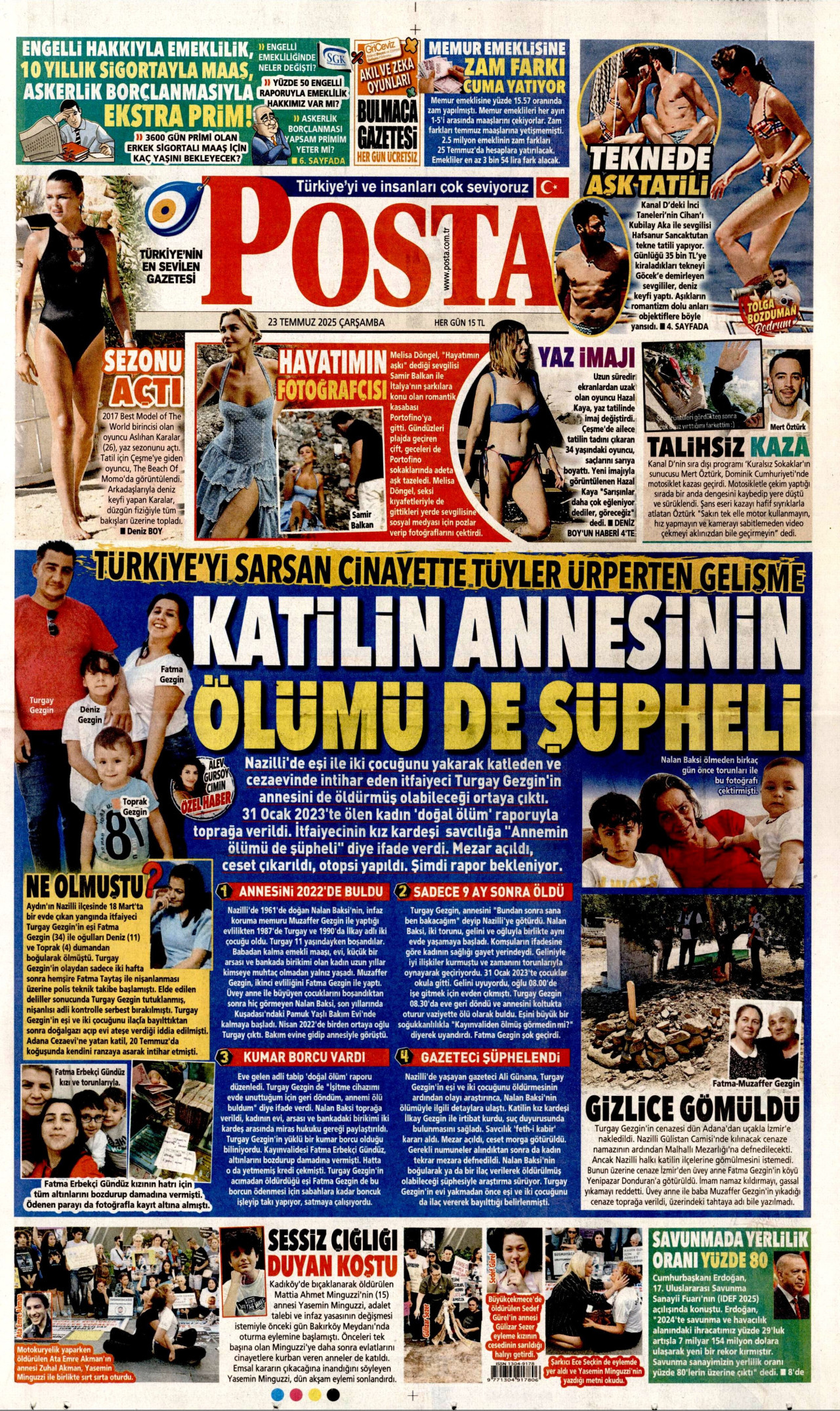 POSTA gazetesinin 23 Temmuz 2025 tarihli birinci sayfası