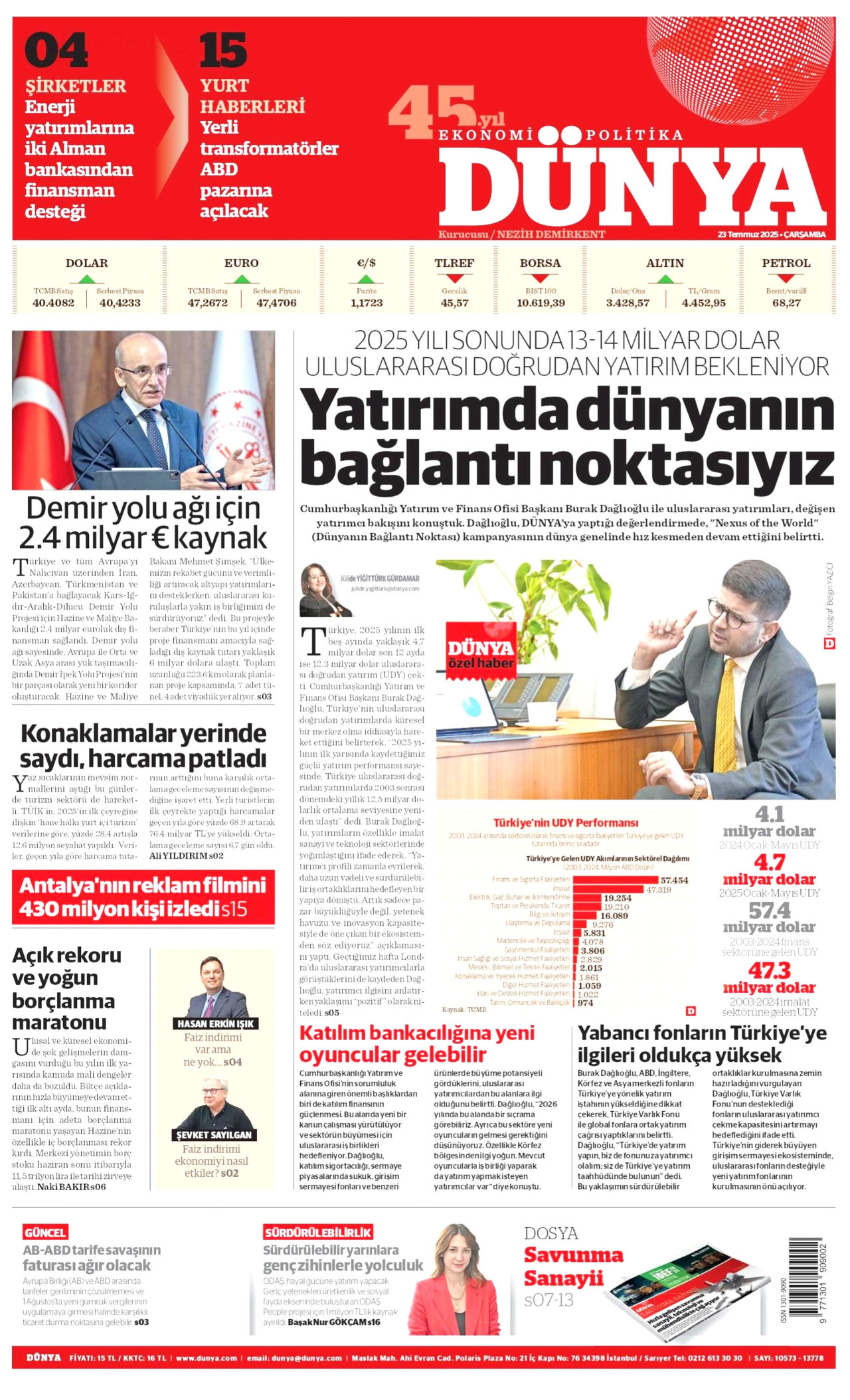 DÜNYA gazetesinin 23 Temmuz 2025 tarihli birinci sayfası