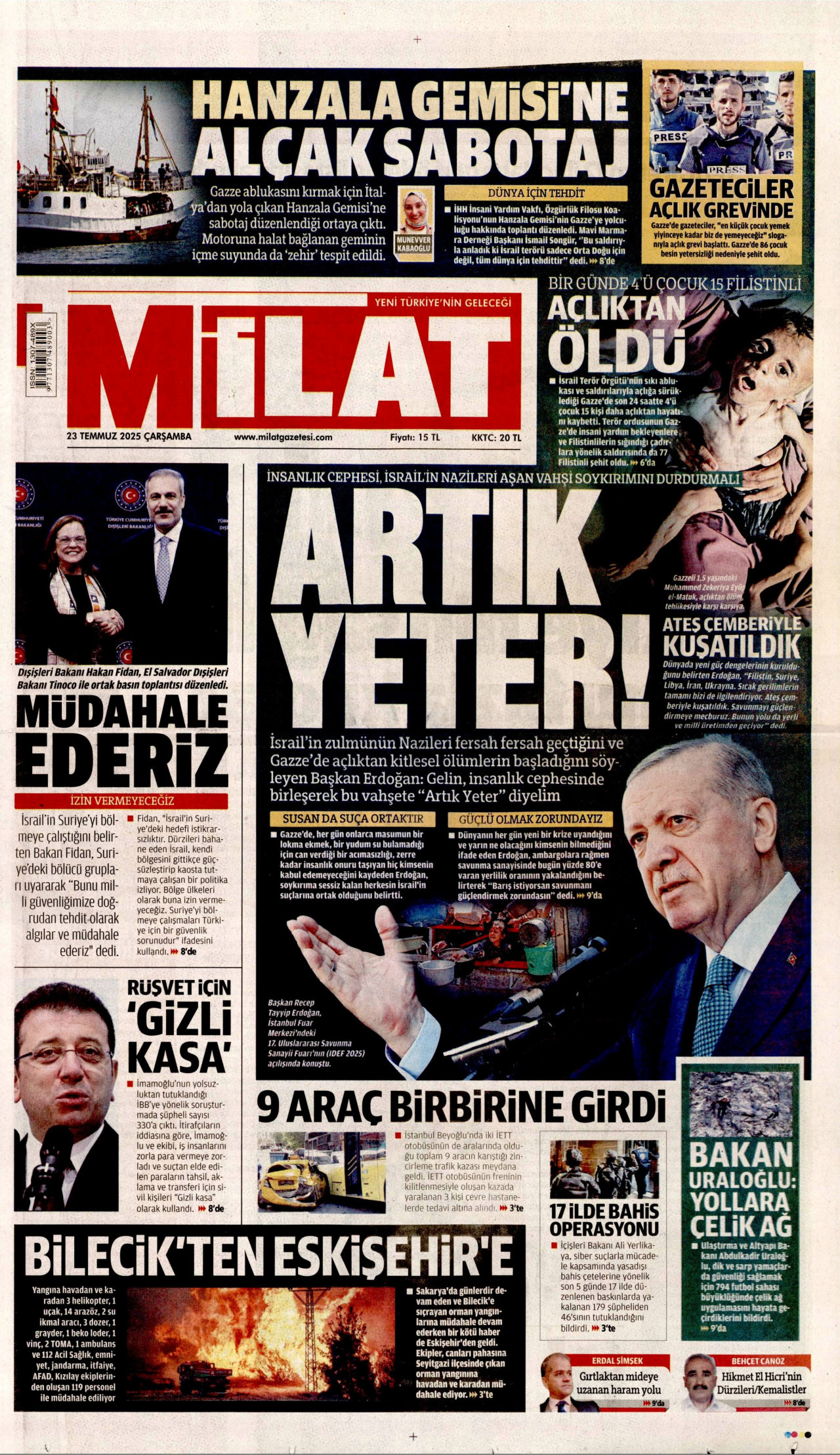 MİLAT gazetesinin 23 Temmuz 2025 tarihli birinci sayfası