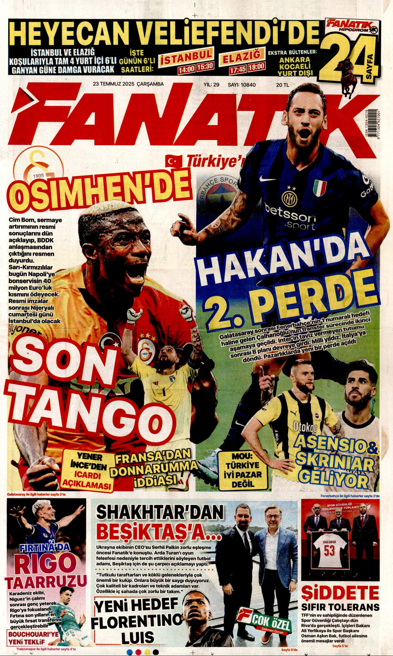 FANATİK gazetesinin 23 Temmuz 2025 tarihli birinci sayfası