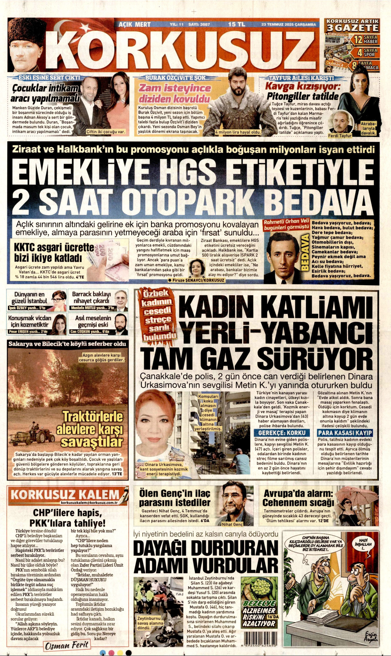 KORKUSUZ gazetesinin 23 Temmuz 2025 tarihli birinci sayfası