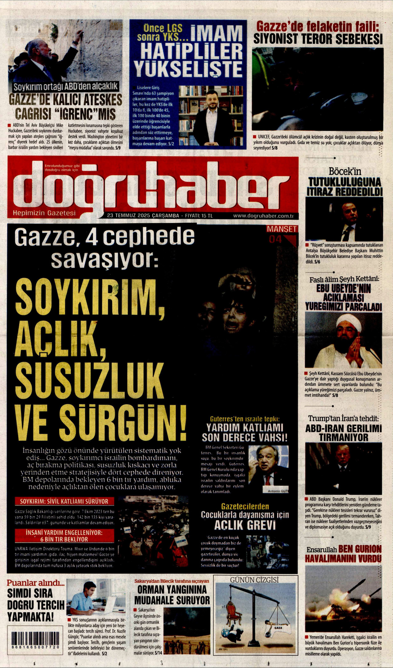 DOĞRU HABER gazetesinin 23 Temmuz 2025 tarihli birinci sayfası