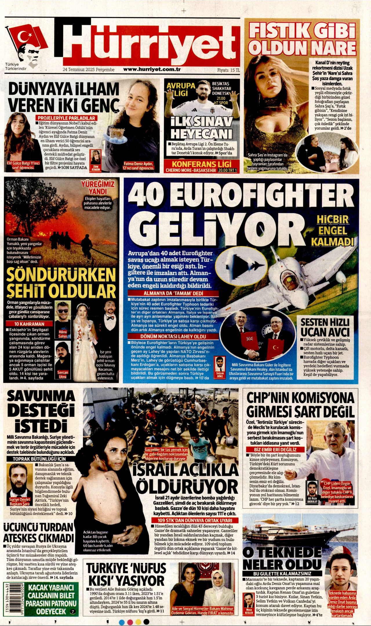 HÜRRİYET gazetesinin 24 Temmuz 2025 tarihli birinci sayfası