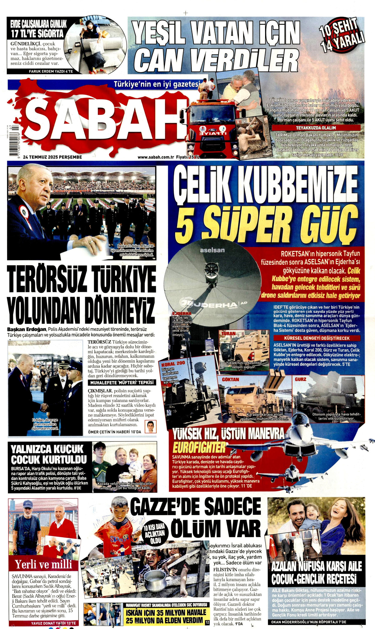 SABAH gazetesinin 24 Temmuz 2025 tarihli birinci sayfası