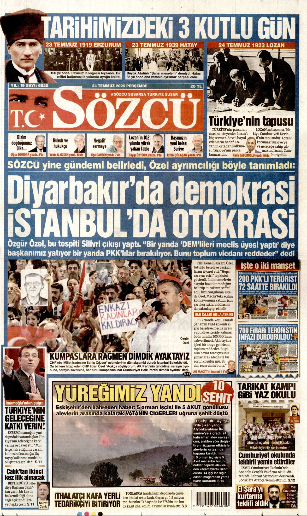 SÖZCÜ gazetesinin 24 Temmuz 2025 tarihli birinci sayfası