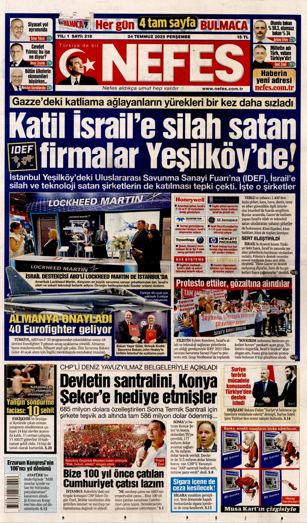 NEFES gazetesinin 24 Temmuz 2025 tarihli birinci sayfası