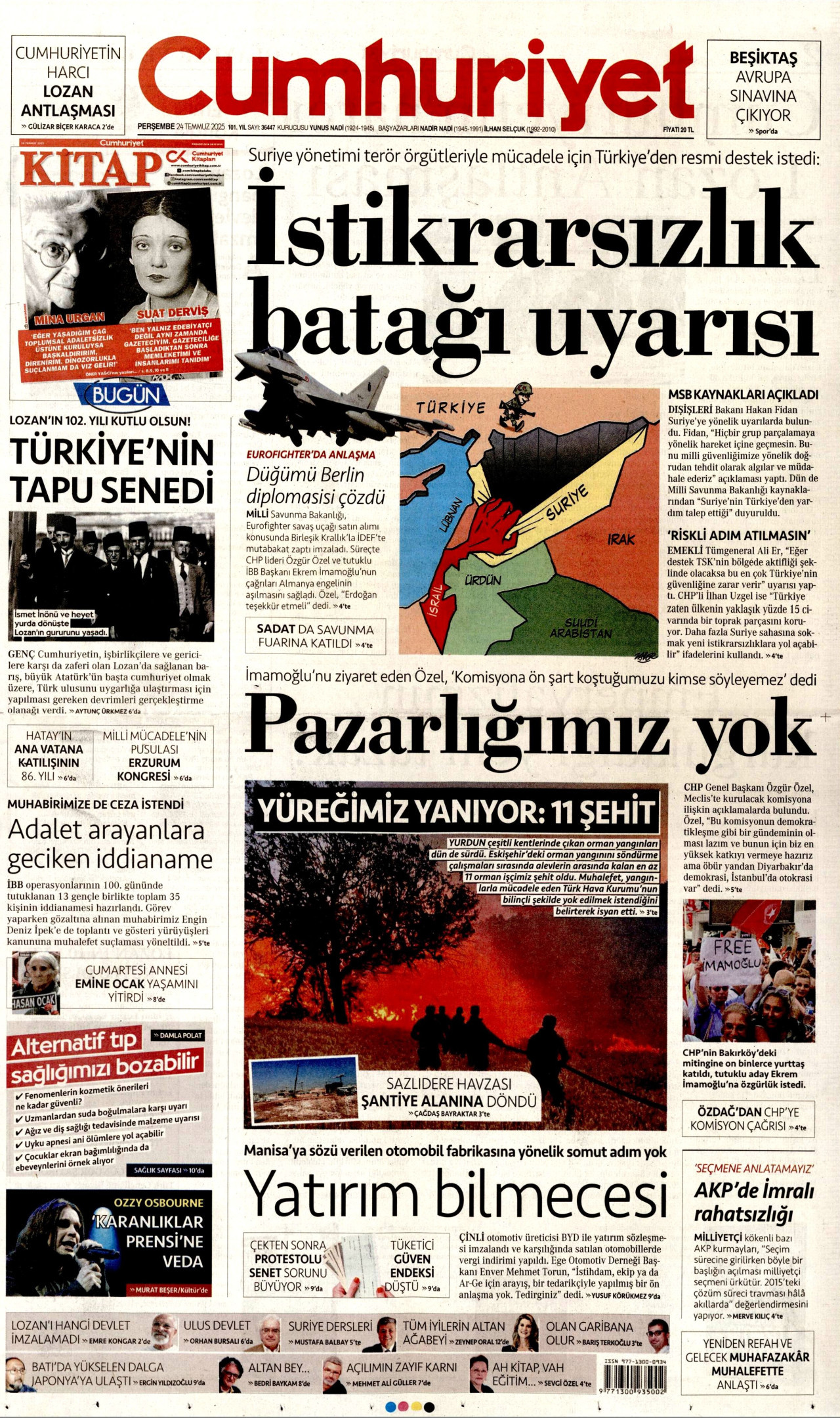 CUMHURİYET gazetesinin 24 Temmuz 2025 tarihli birinci sayfası