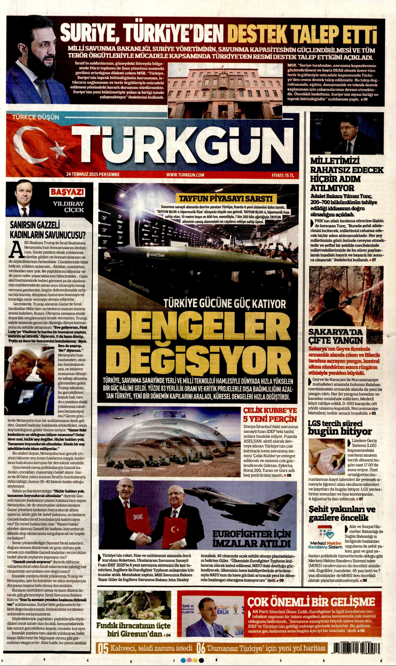 TÜRKGÜN gazetesinin 24 Temmuz 2025 tarihli birinci sayfası