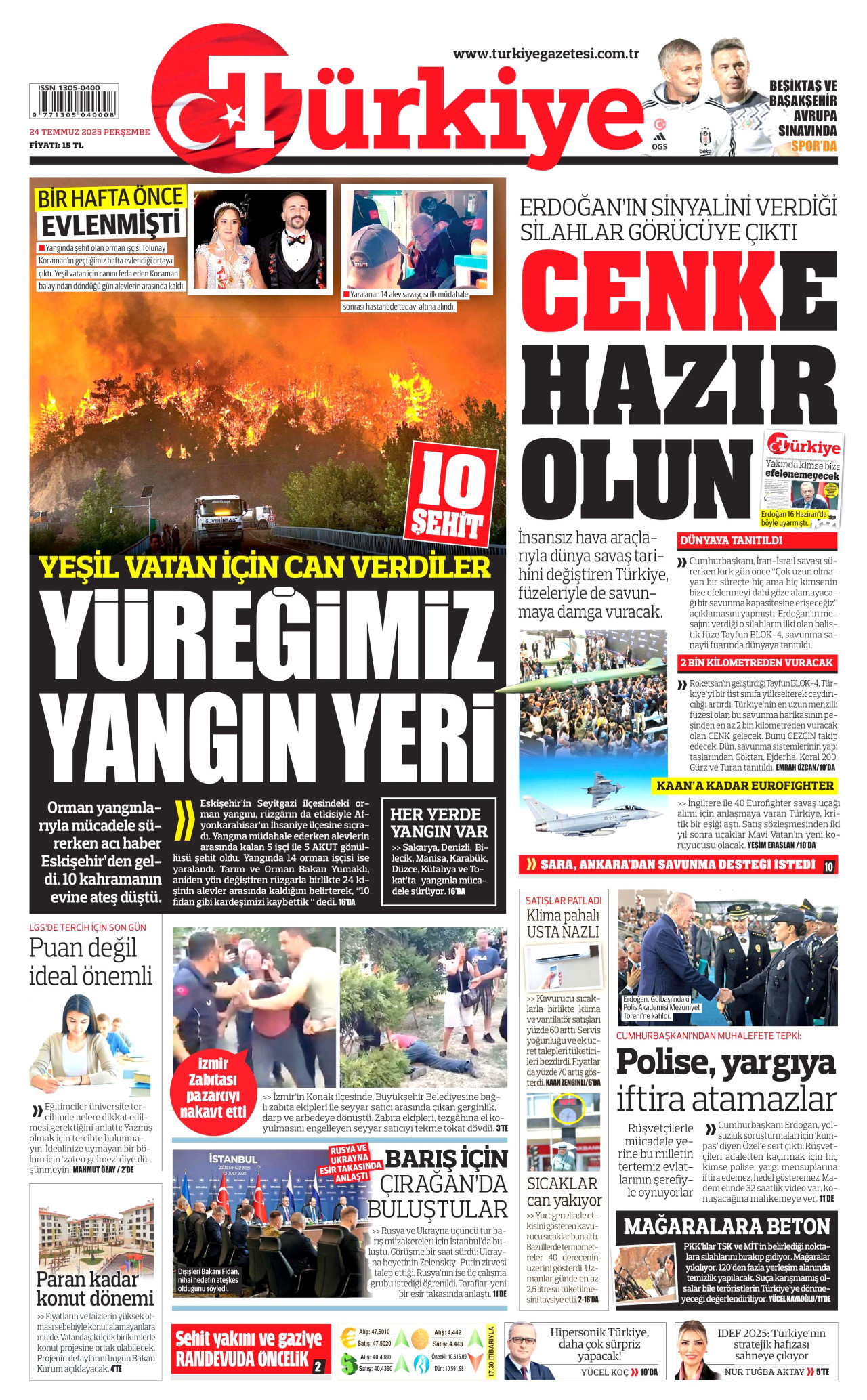 TÜRKİYE GAZETESİ gazetesinin 24 Temmuz 2025 tarihli birinci sayfası