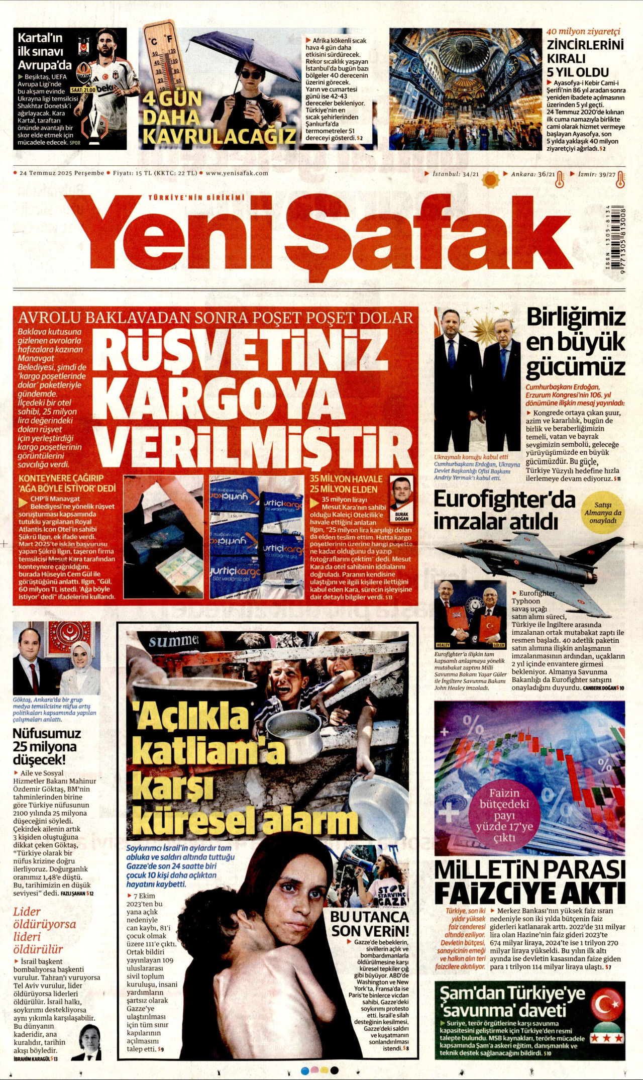YENİ ŞAFAK gazetesinin 24 Temmuz 2025 tarihli birinci sayfası