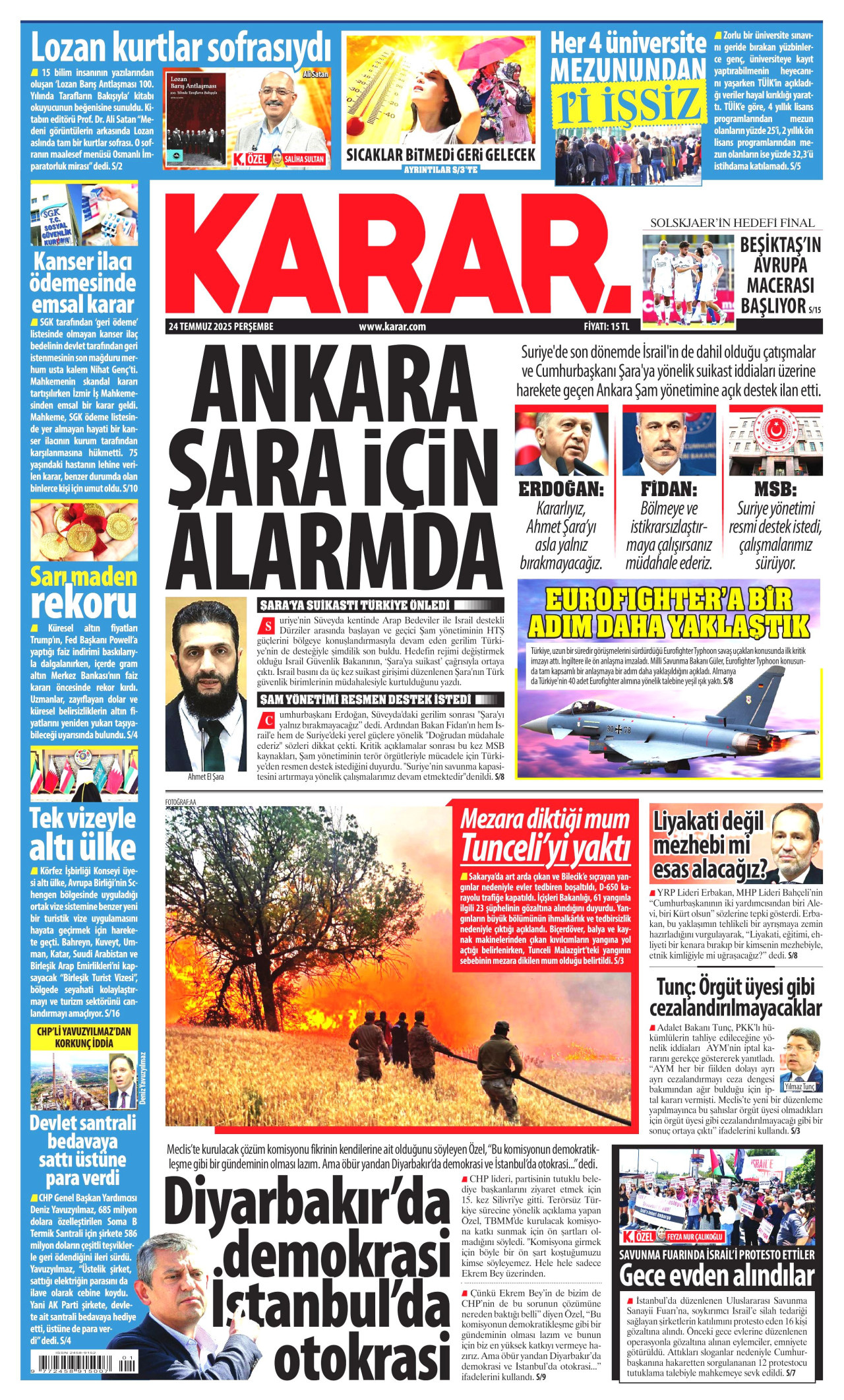 KARAR gazetesinin 24 Temmuz 2025 tarihli birinci sayfası