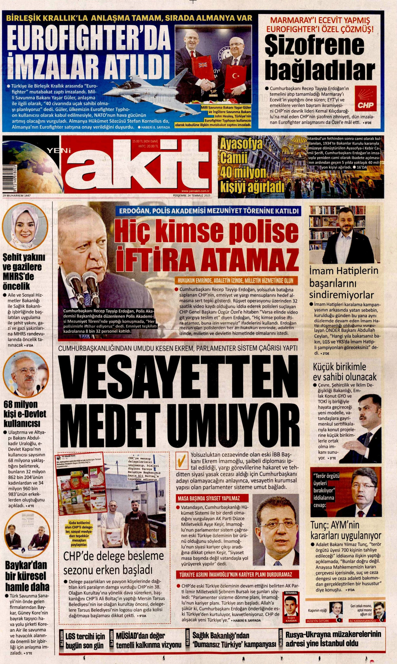 YENİ AKİT gazetesinin 24 Temmuz 2025 tarihli birinci sayfası