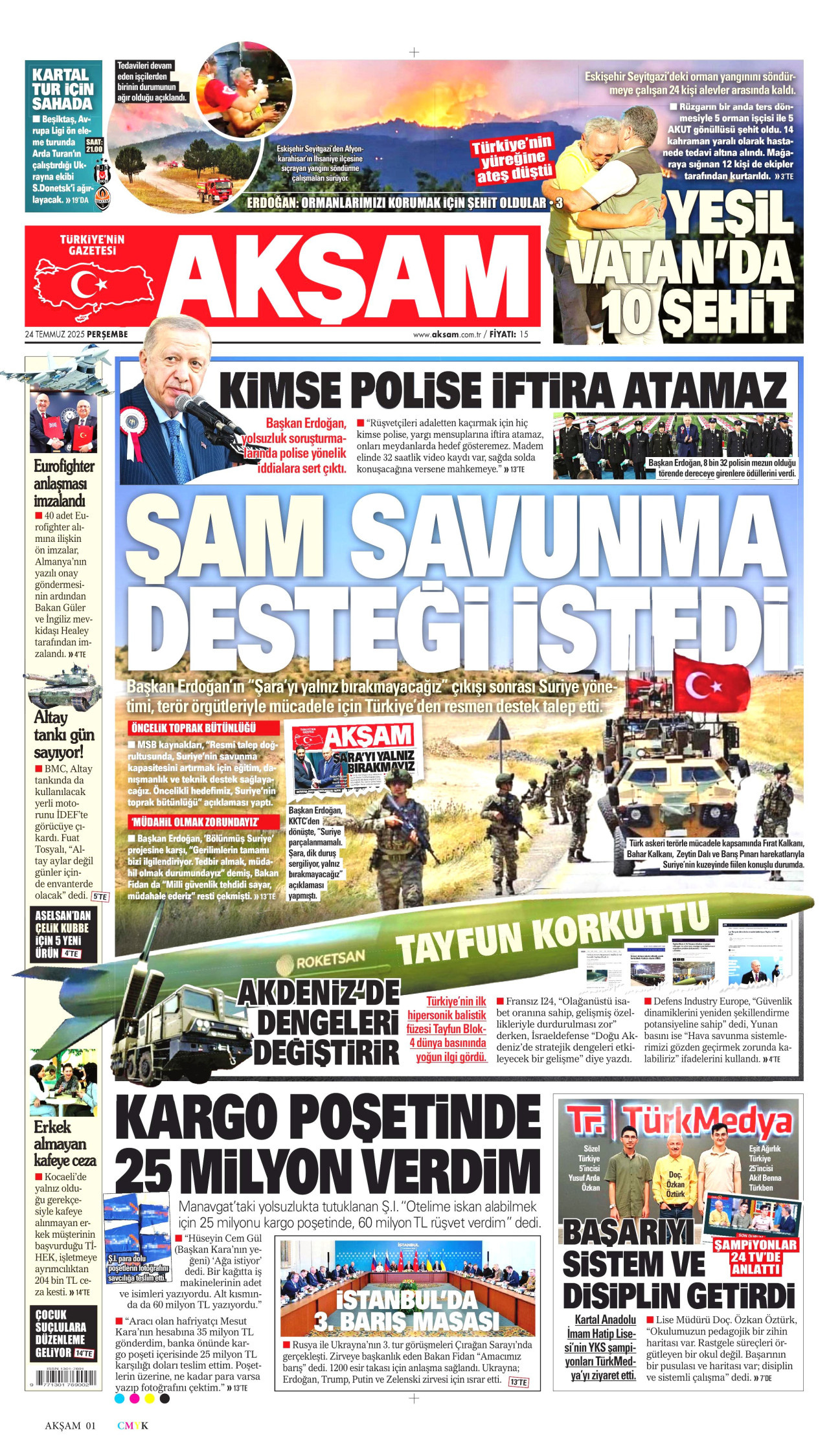 AKŞAM gazetesinin 24 Temmuz 2025 tarihli birinci sayfası