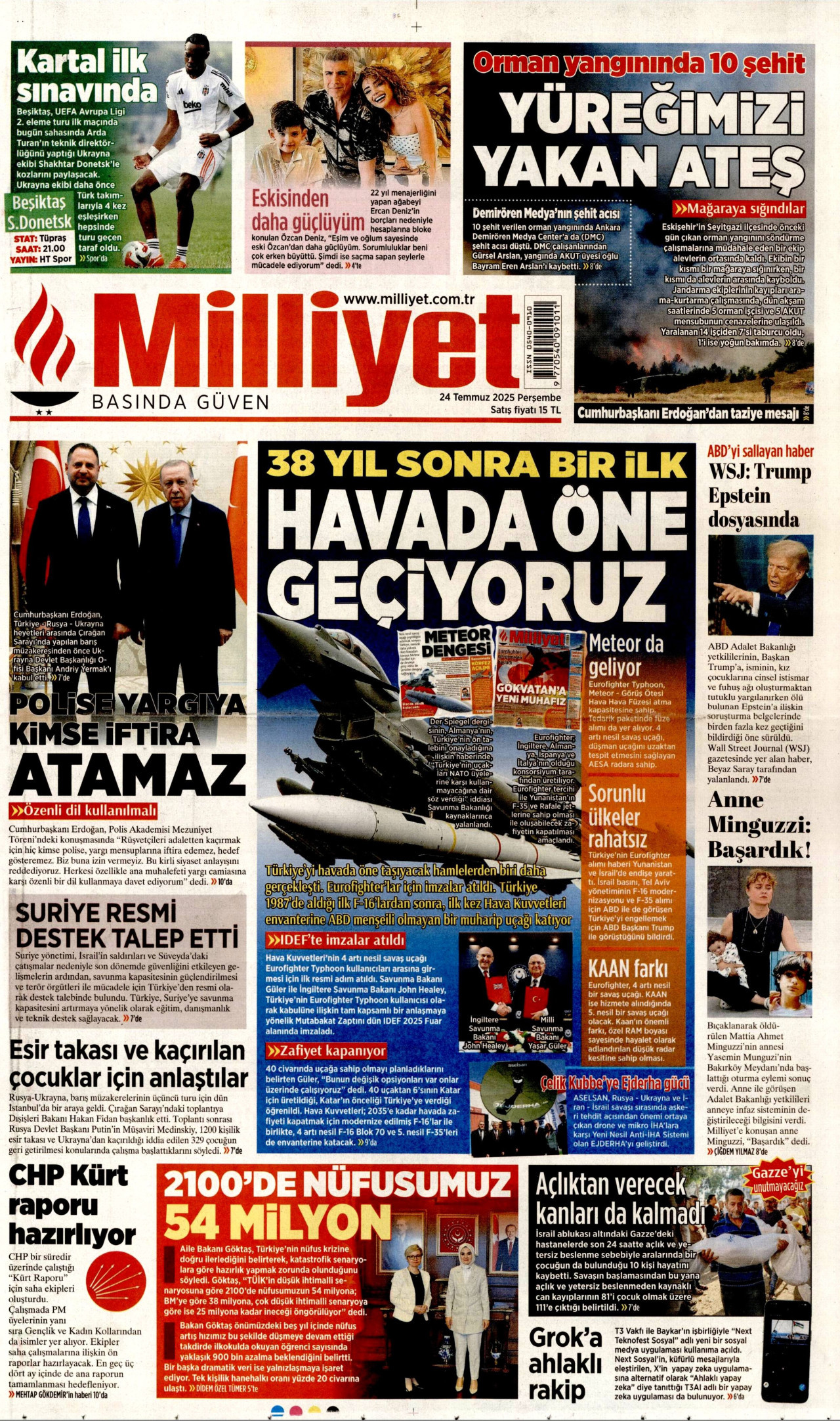 MİLLİYET gazetesinin 24 Temmuz 2025 tarihli birinci sayfası