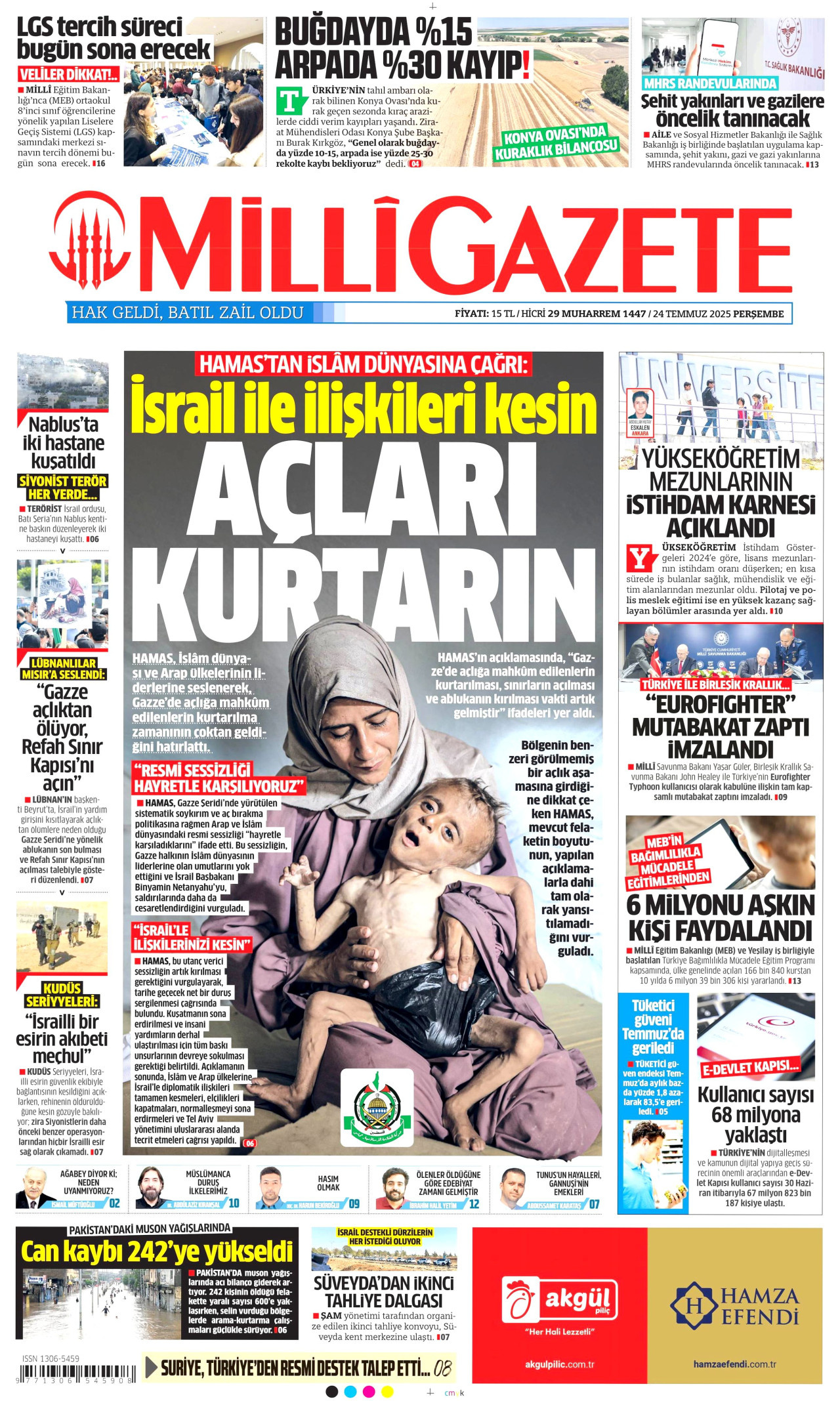 MİLLİ GAZETE gazetesinin 24 Temmuz 2025 tarihli birinci sayfası