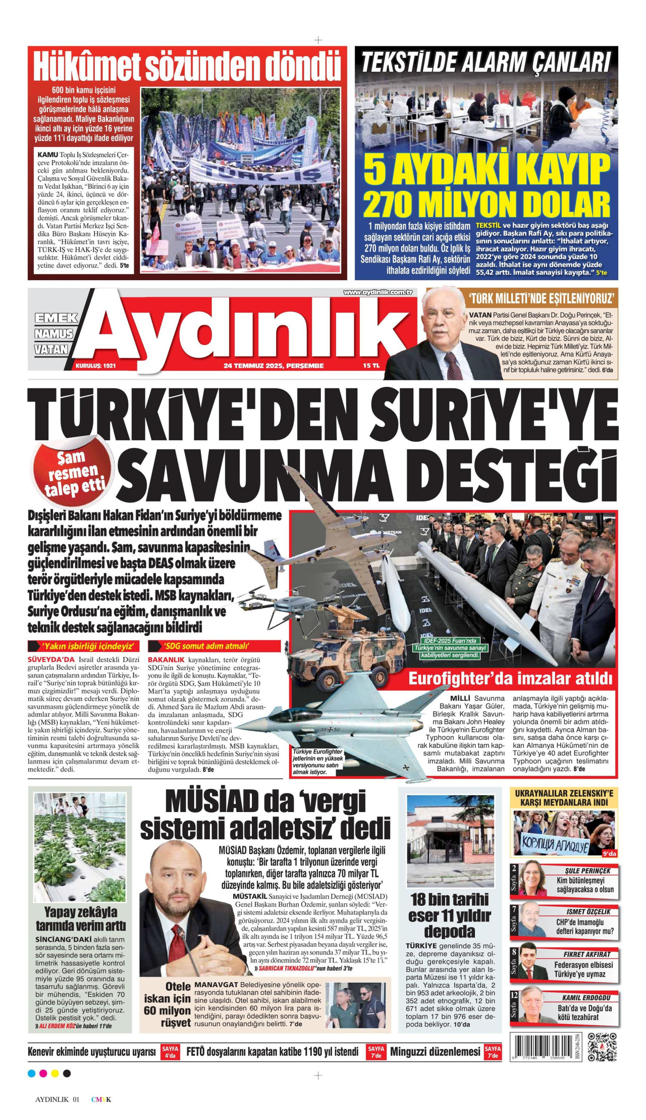 AYDINLIK GAZETESİ gazetesinin 24 Temmuz 2025 tarihli birinci sayfası