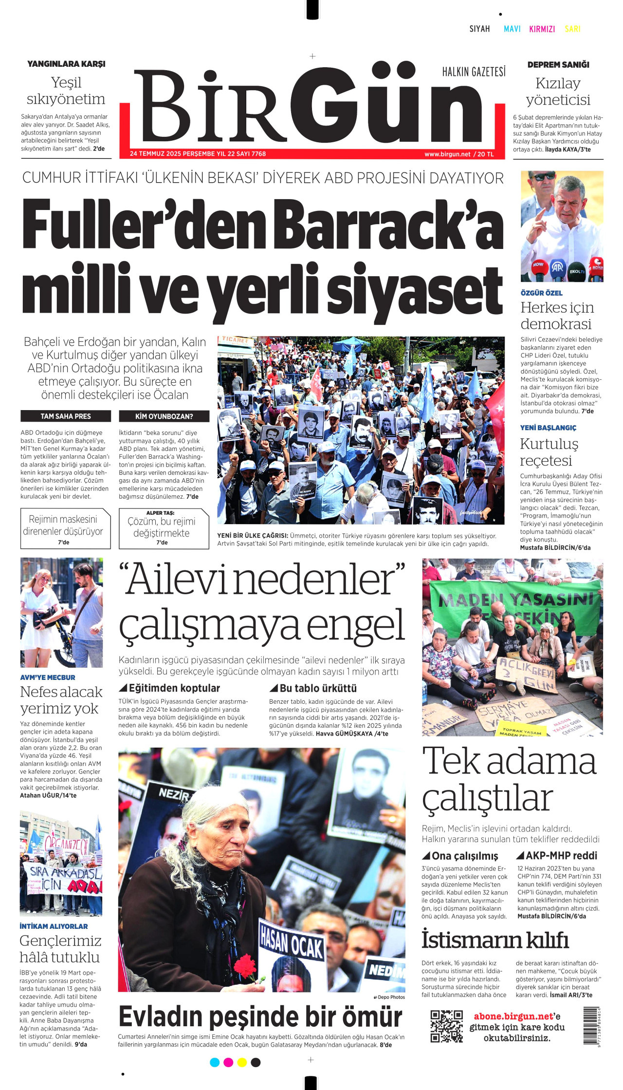 BİRGÜN gazetesinin 24 Temmuz 2025 tarihli birinci sayfası