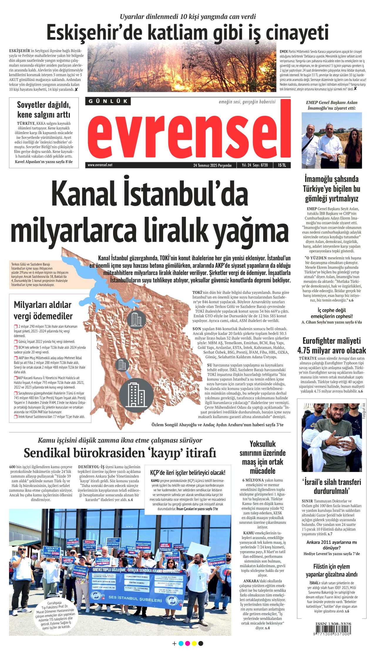 EVRENSEL gazetesinin 24 Temmuz 2025 tarihli birinci sayfası