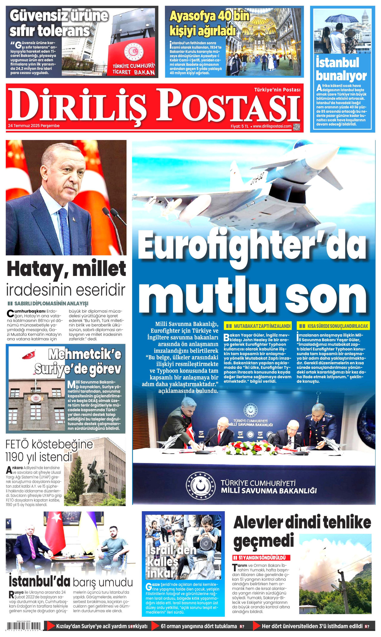 DİRİLİŞ POSTASI gazetesinin 24 Temmuz 2025 tarihli birinci sayfası