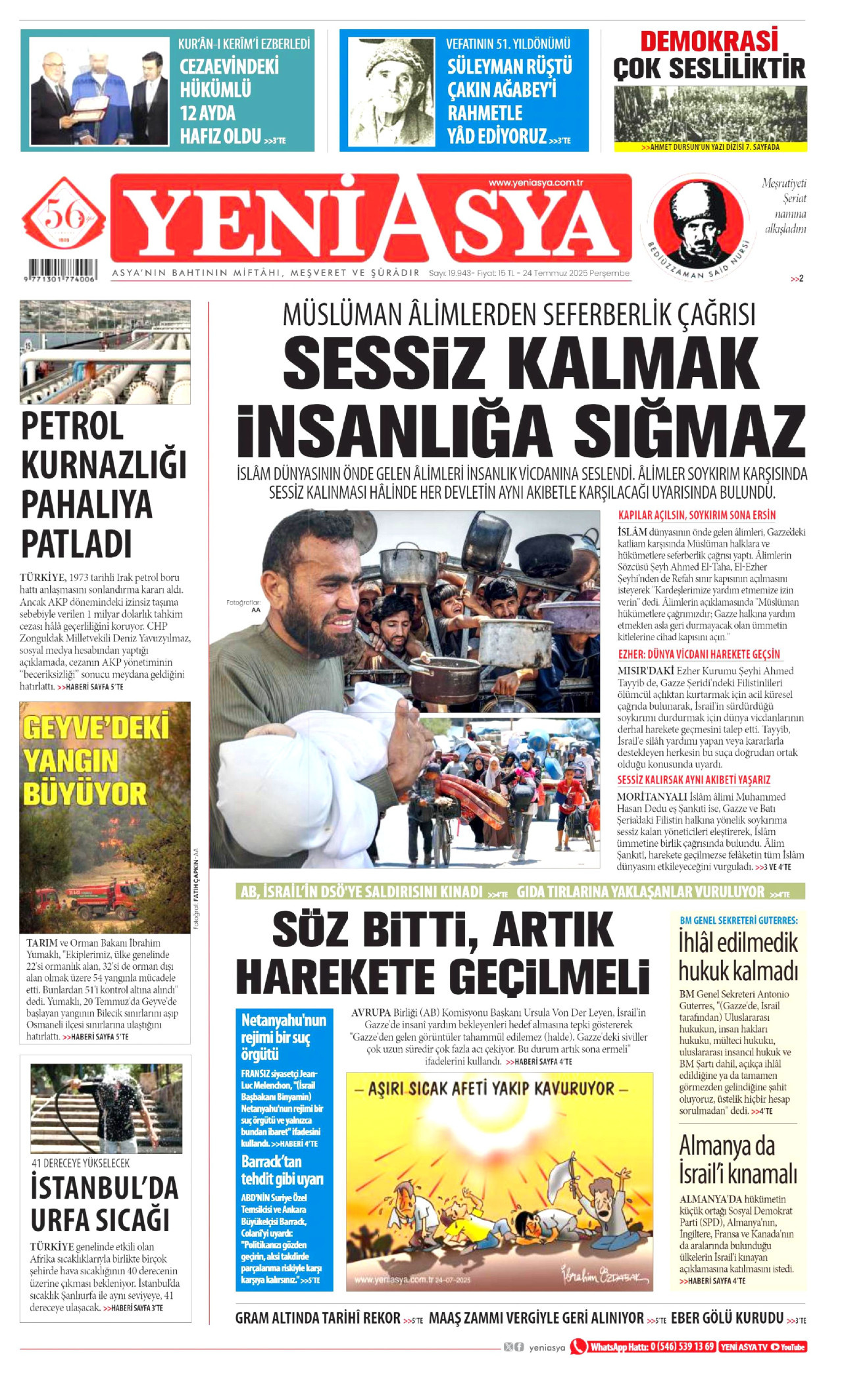 YENİ ASYA gazetesinin 24 Temmuz 2025 tarihli birinci sayfası