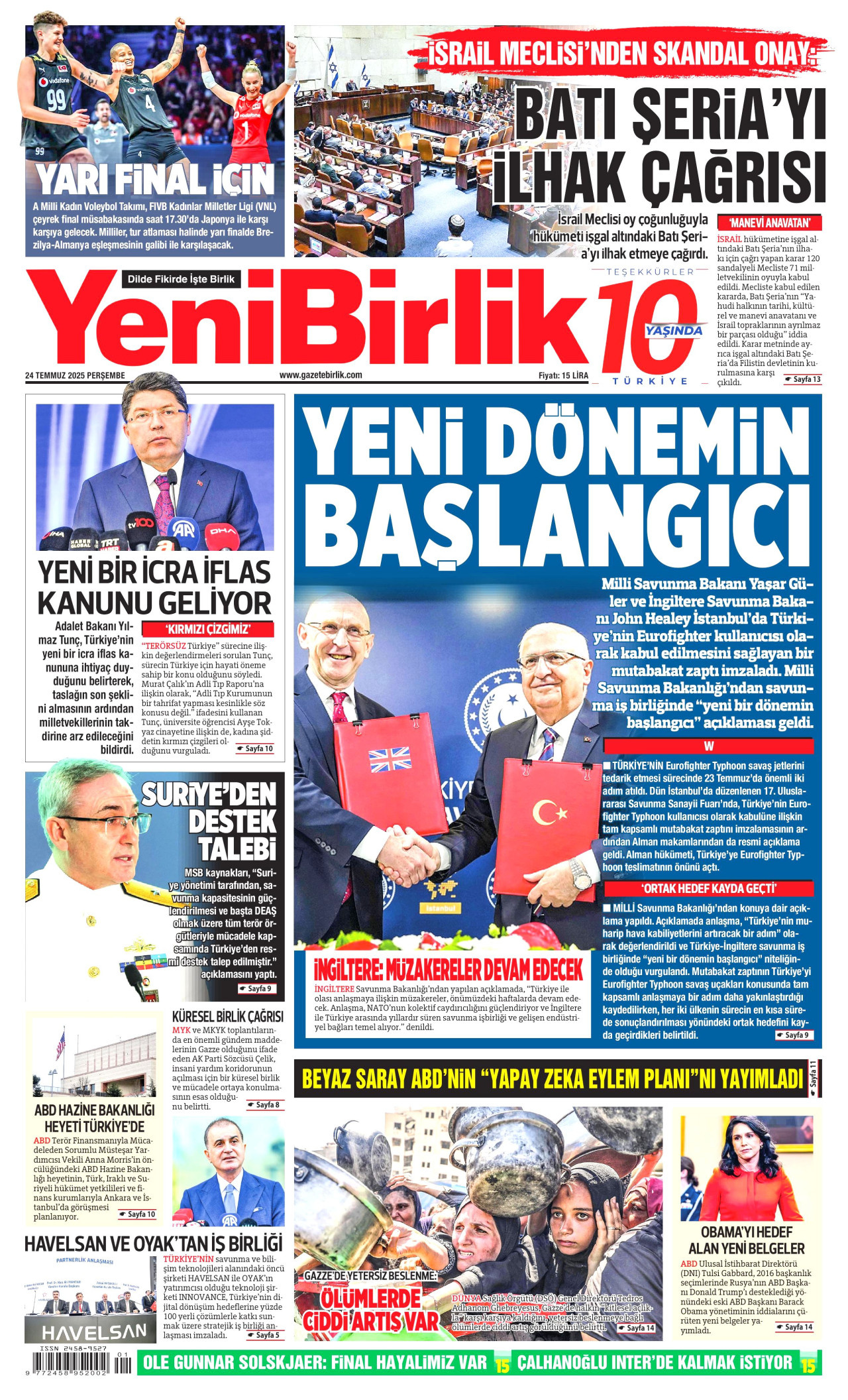 YENİBİRLİK gazetesinin 24 Temmuz 2025 tarihli birinci sayfası