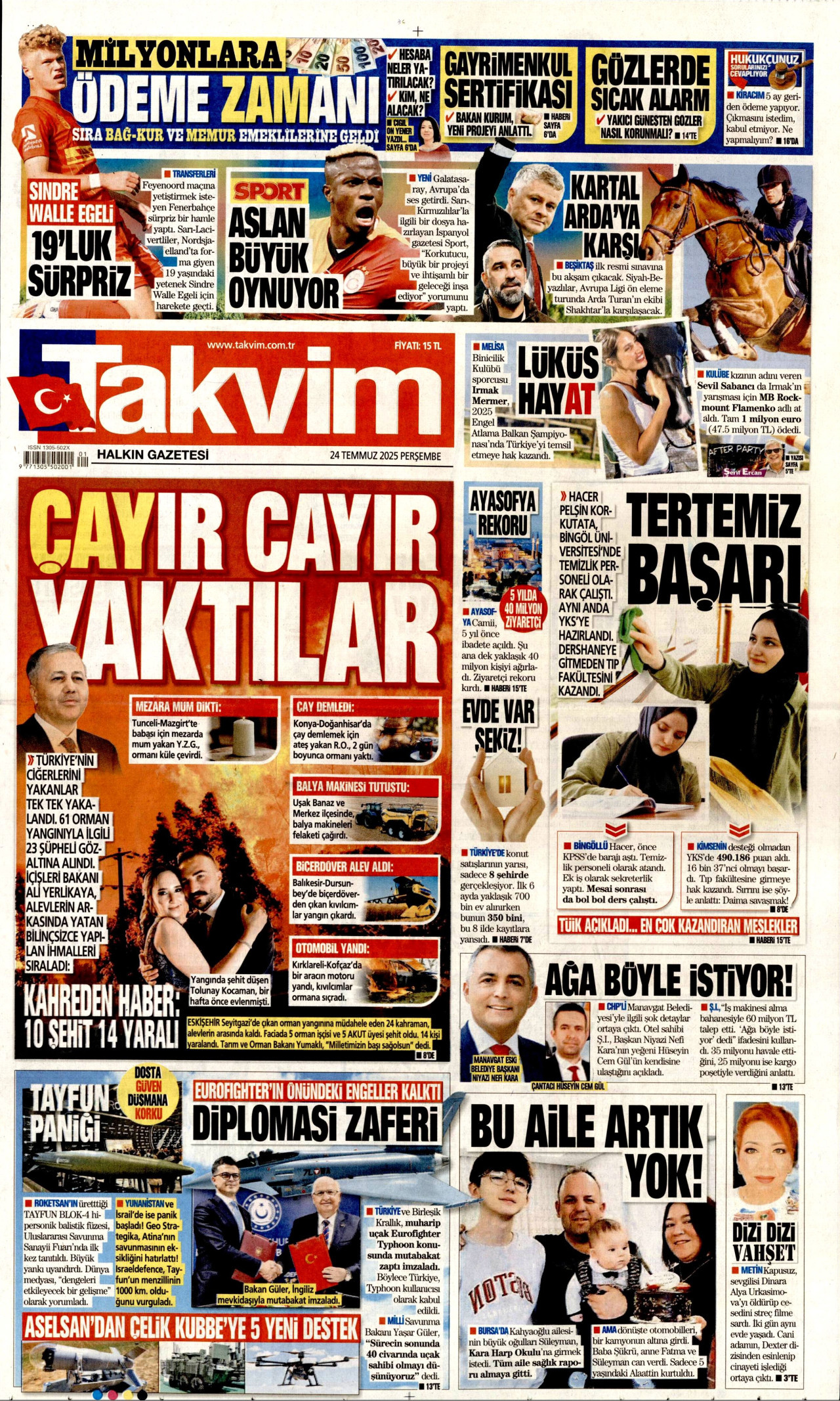 TAKVİM gazetesinin 24 Temmuz 2025 tarihli birinci sayfası