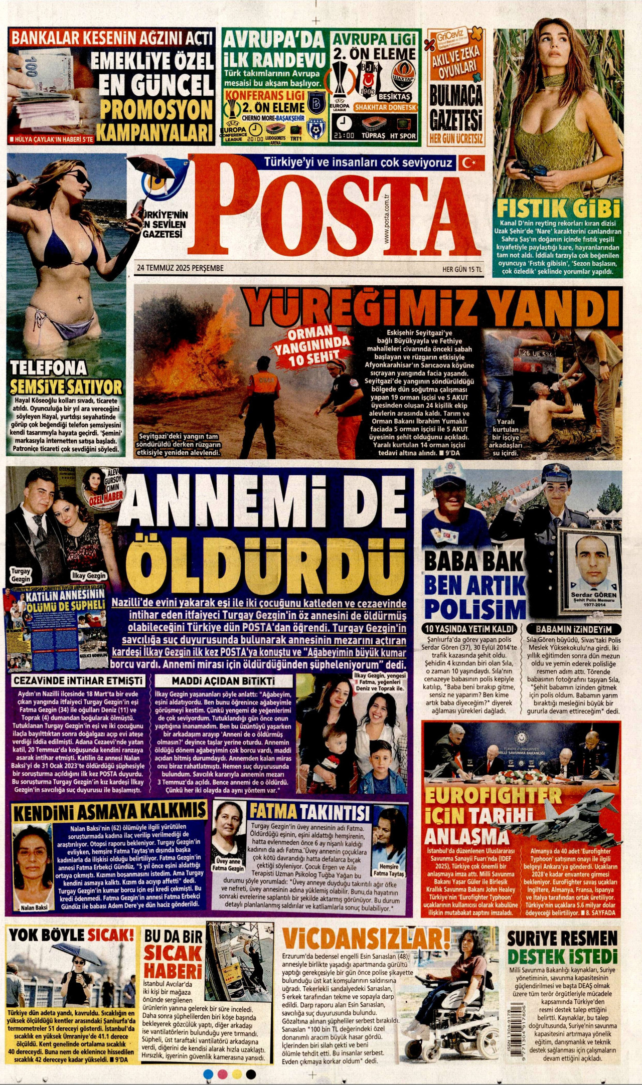 POSTA gazetesinin 24 Temmuz 2025 tarihli birinci sayfası