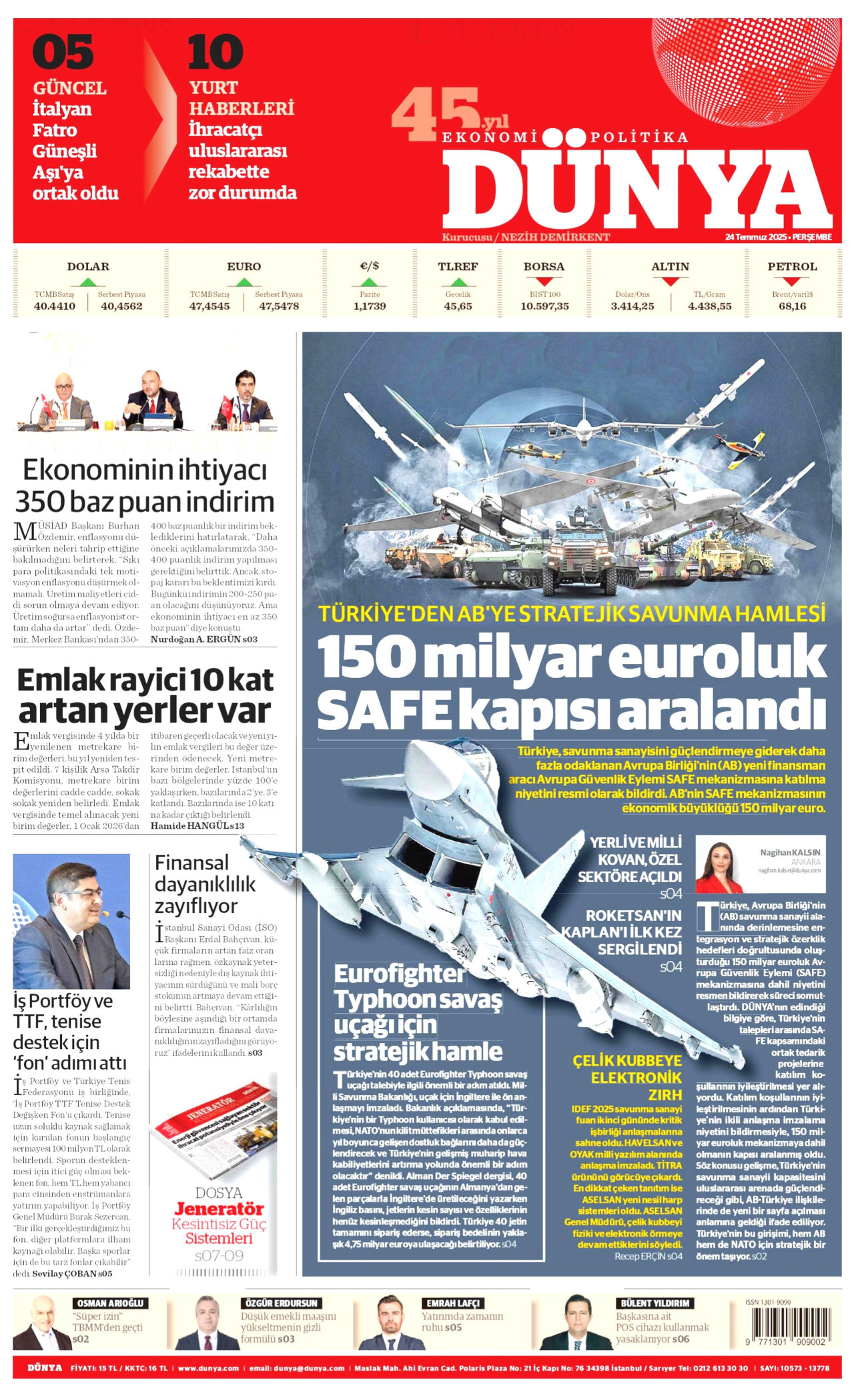DÜNYA gazetesinin 24 Temmuz 2025 tarihli birinci sayfası