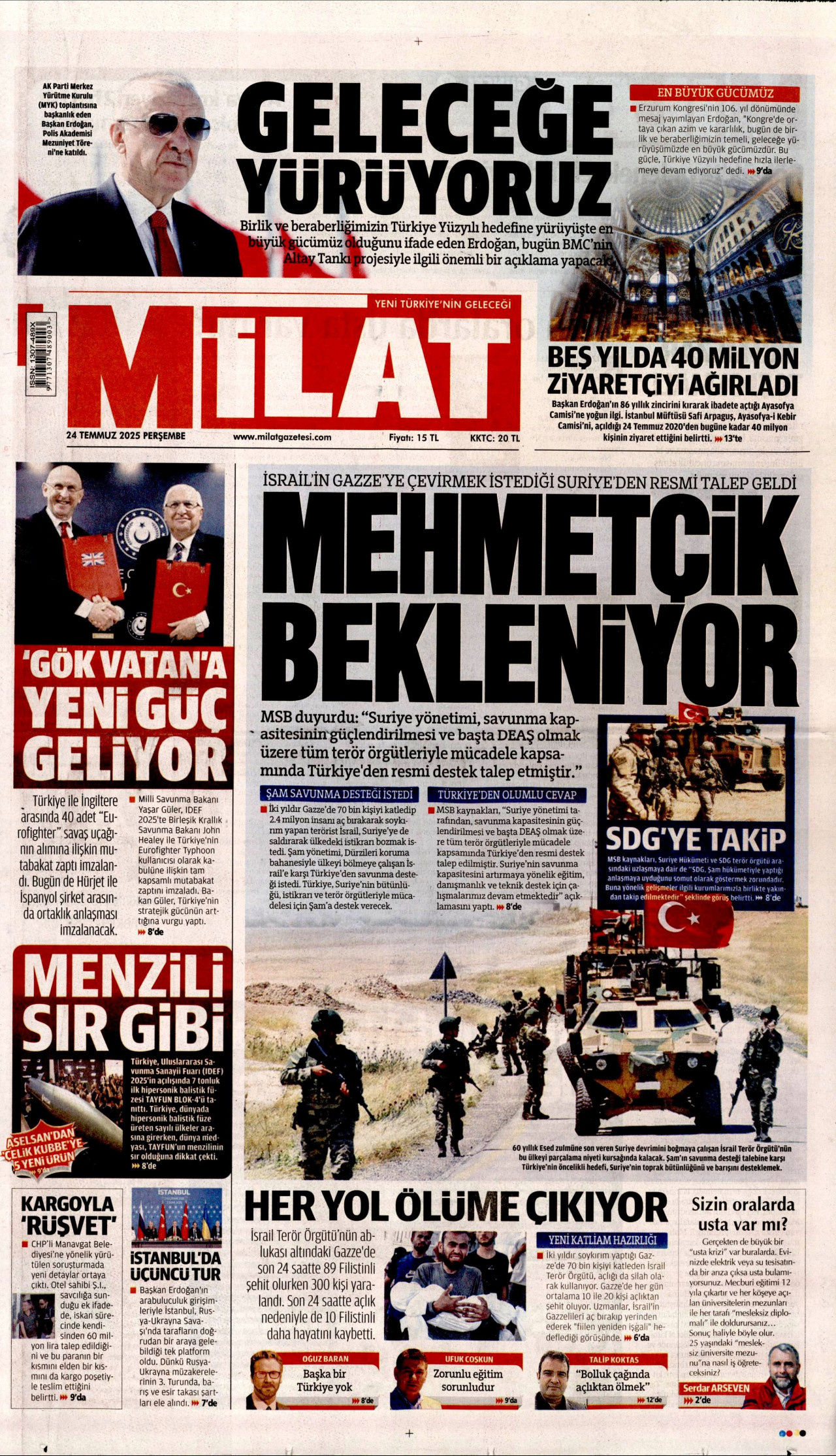 MİLAT gazetesinin 24 Temmuz 2025 tarihli birinci sayfası