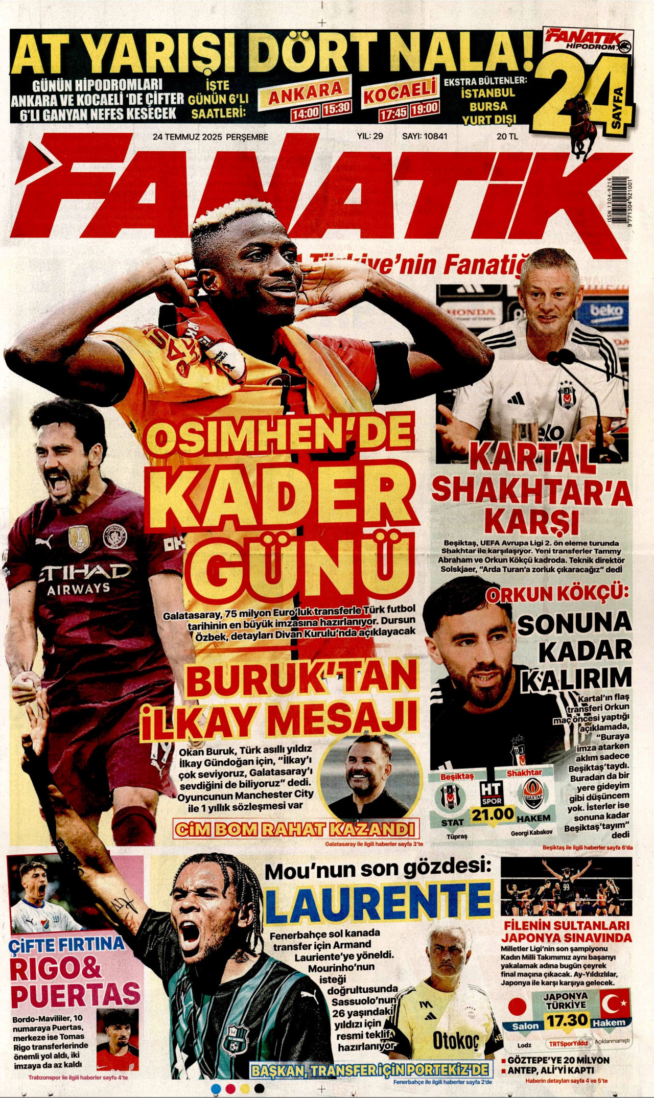 FANATİK gazetesinin 24 Temmuz 2025 tarihli birinci sayfası