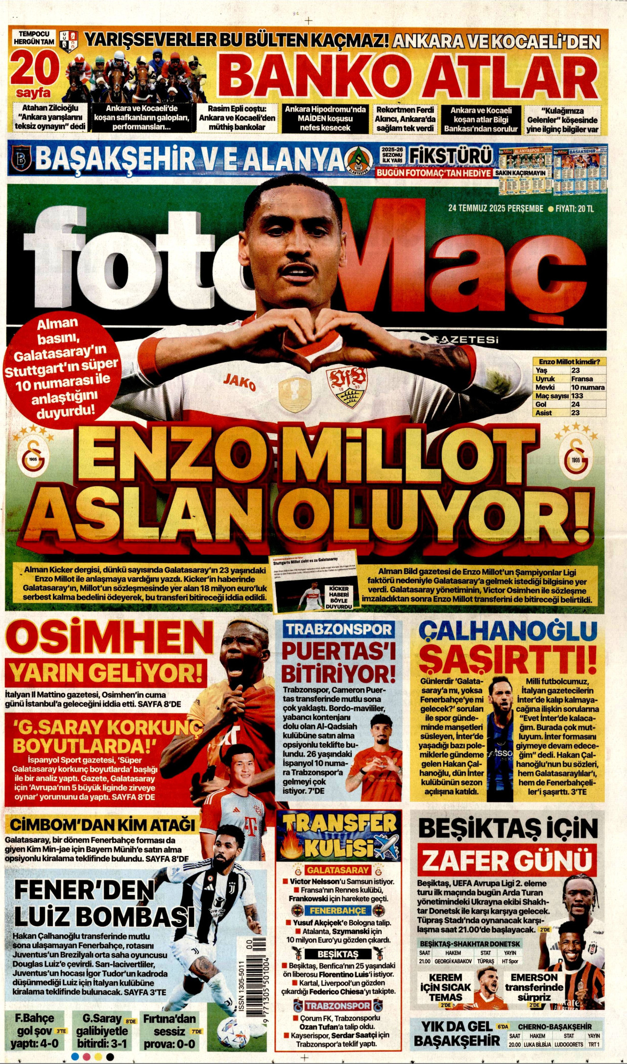 FOTOMAÇ gazetesinin 24 Temmuz 2025 tarihli birinci sayfası