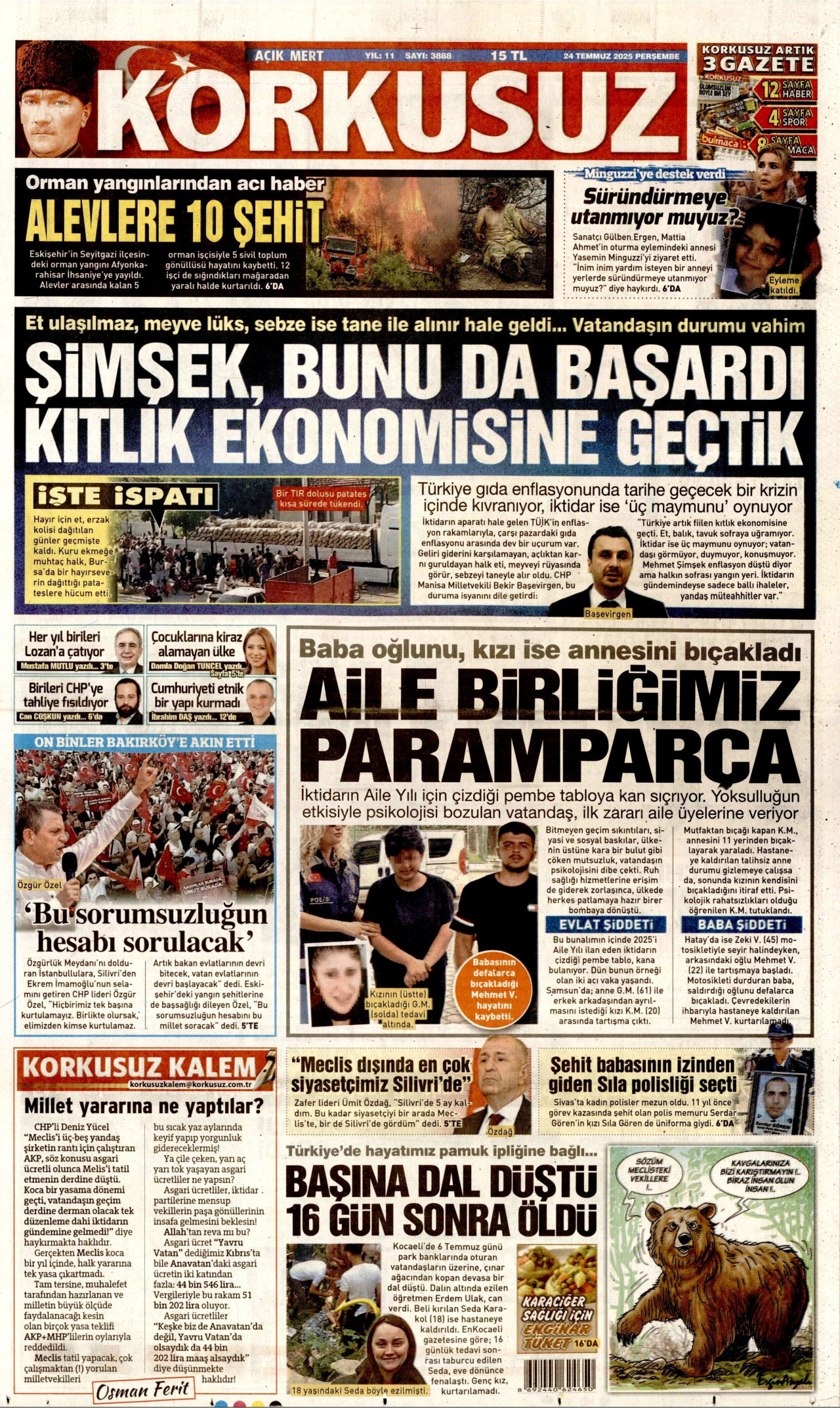 KORKUSUZ gazetesinin 24 Temmuz 2025 tarihli birinci sayfası