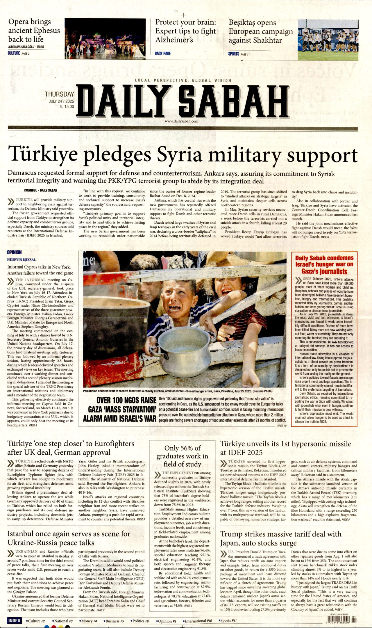 DAİLY SABAH gazetesinin 24 Temmuz 2025 tarihli birinci sayfası