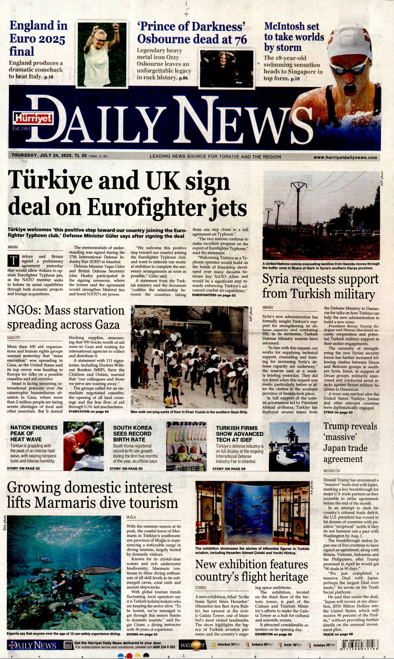 HÜRRİYET DAİLY NEWS gazetesinin 24 Temmuz 2025 tarihli birinci sayfası