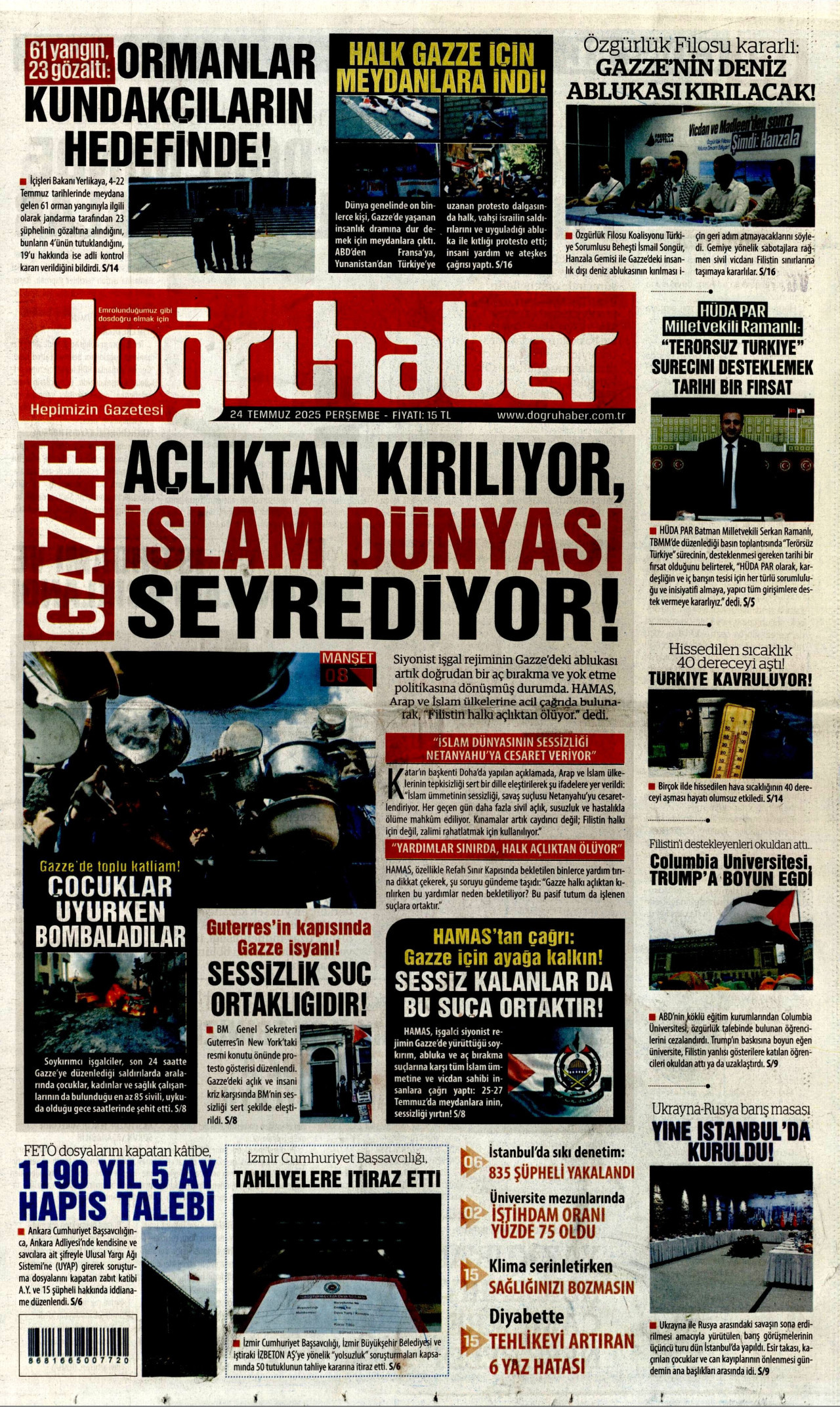 DOĞRU HABER gazetesinin 24 Temmuz 2025 tarihli birinci sayfası