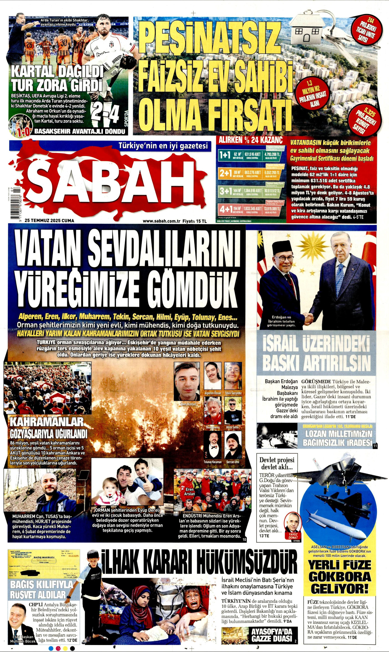 SABAH gazetesinin 25 Temmuz 2025 tarihli birinci sayfası