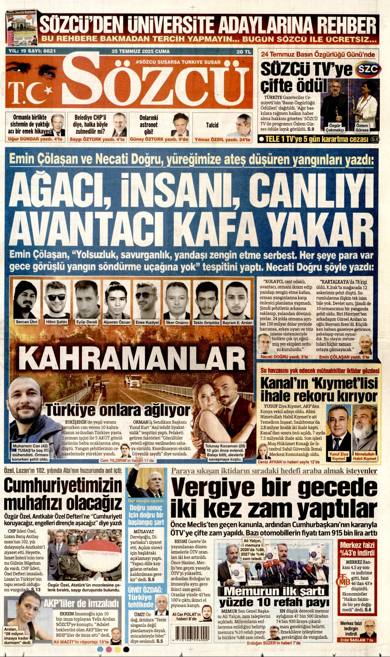 SÖZCÜ gazetesinin 25 Temmuz 2025 tarihli birinci sayfası