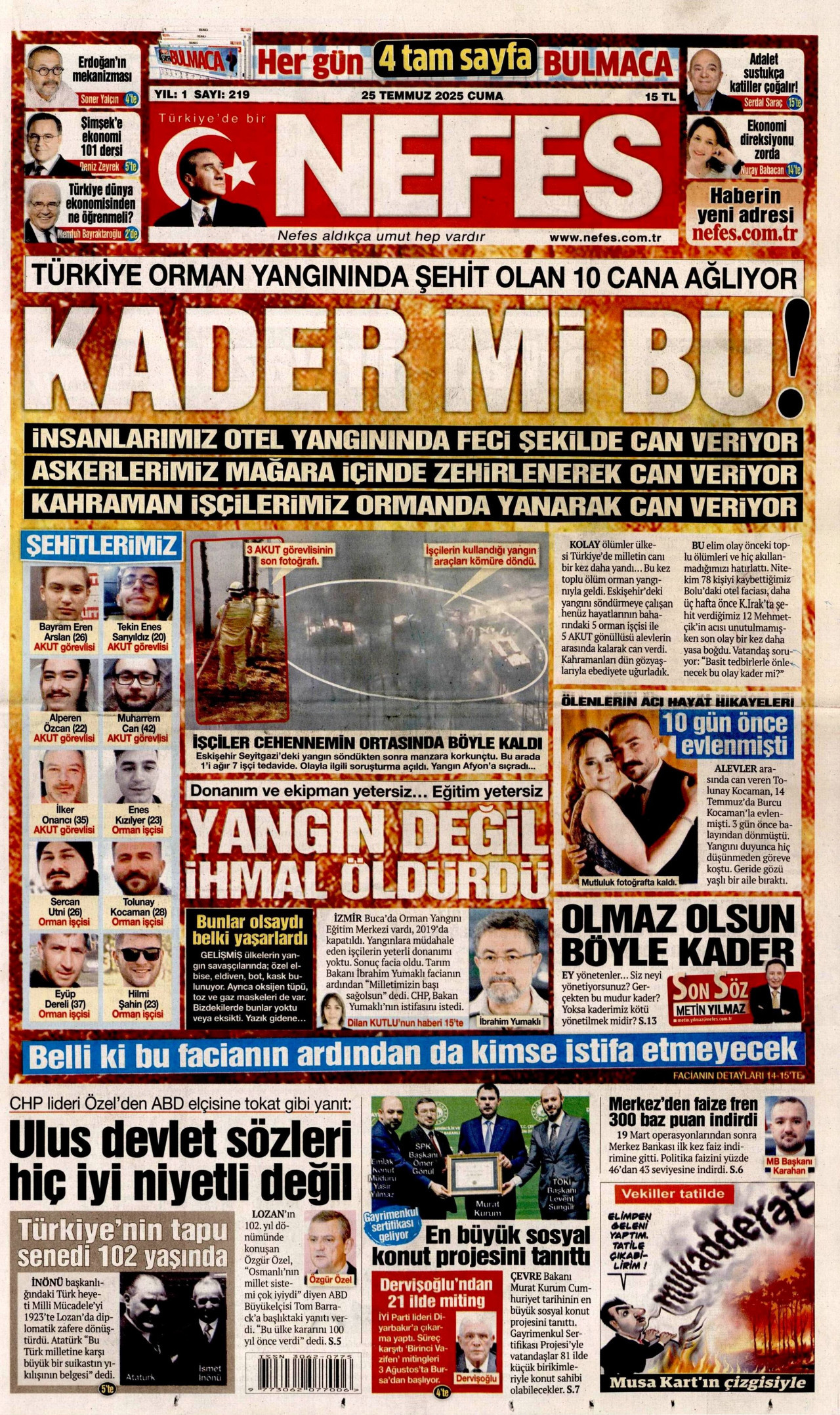NEFES gazetesinin 25 Temmuz 2025 tarihli birinci sayfası