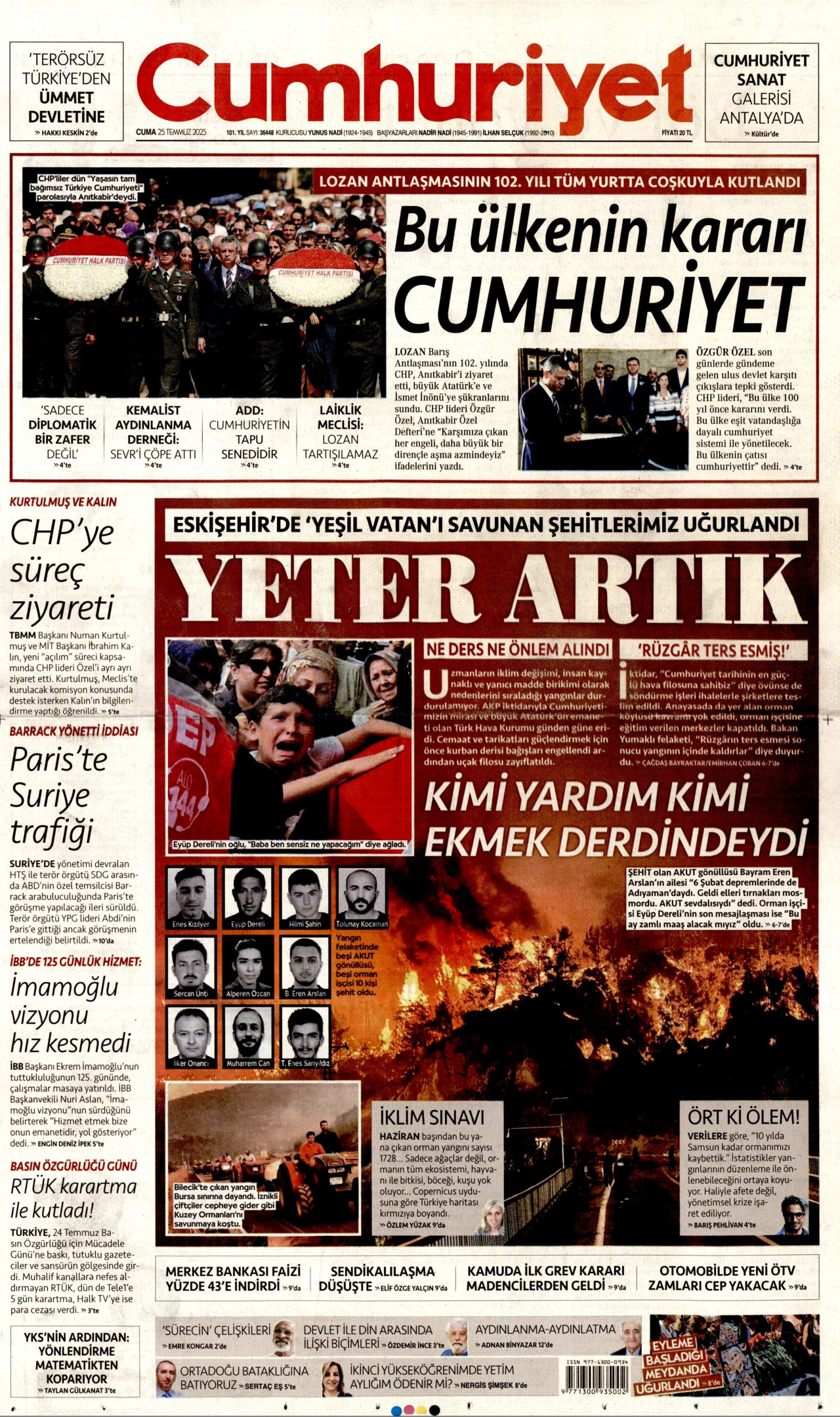 CUMHURİYET gazetesinin 25 Temmuz 2025 tarihli birinci sayfası