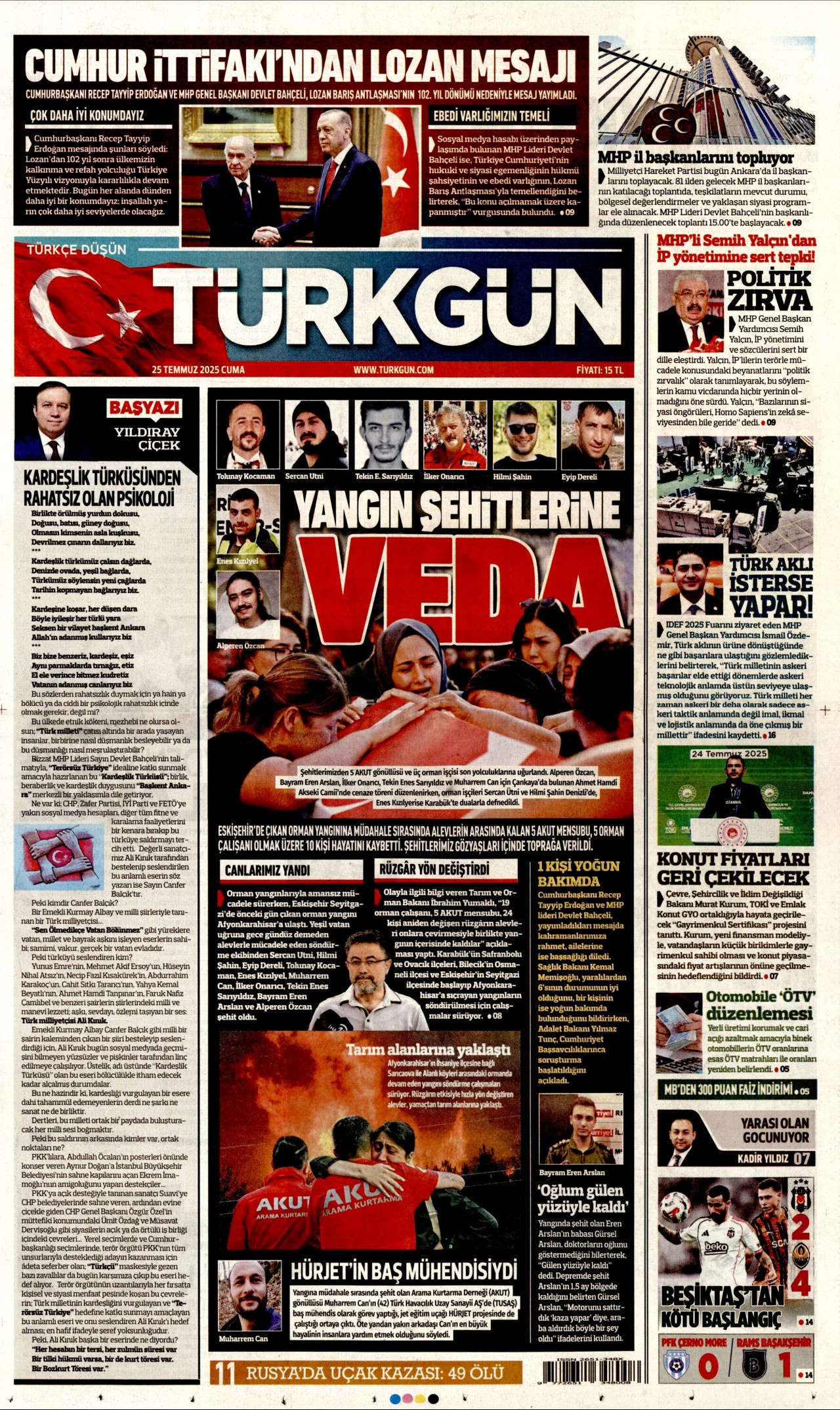 TÜRKGÜN gazetesinin 25 Temmuz 2025 tarihli birinci sayfası