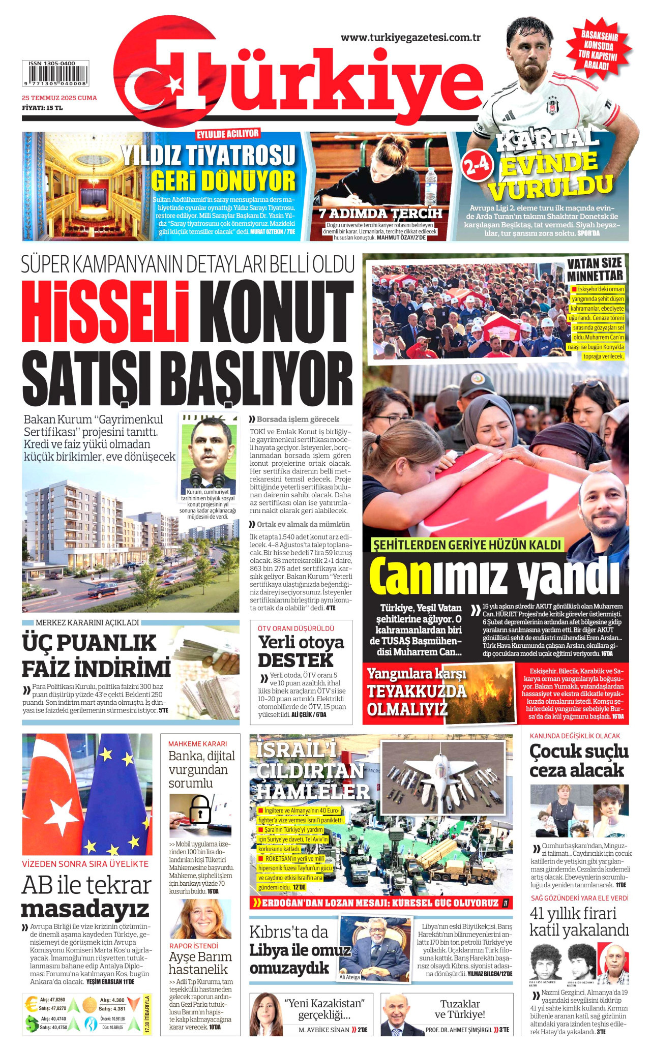 TÜRKİYE GAZETESİ gazetesinin 25 Temmuz 2025 tarihli birinci sayfası